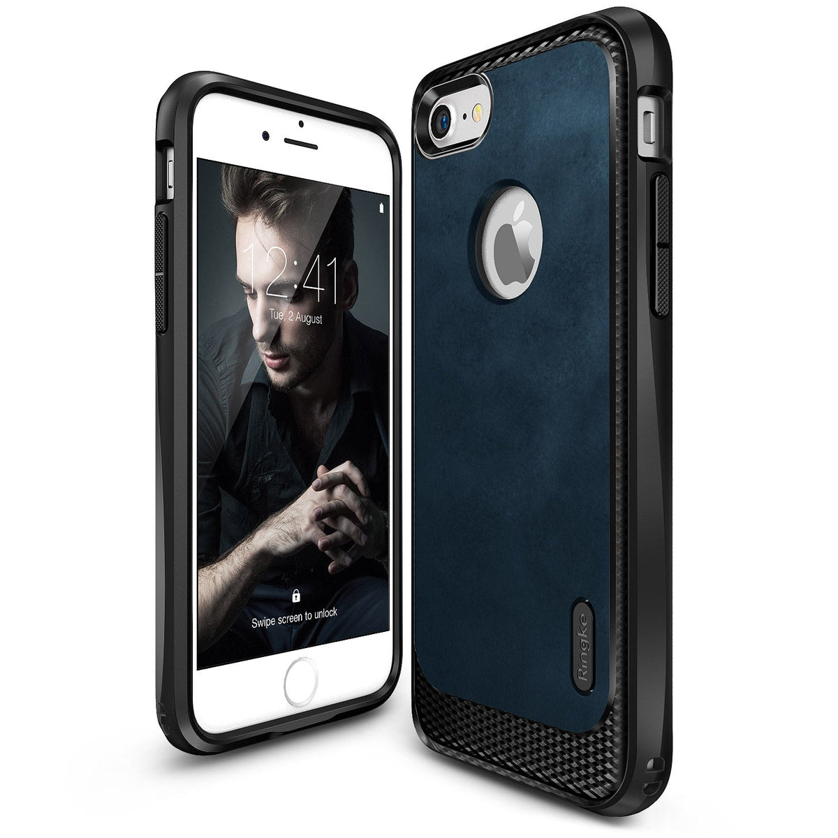 iPhone 7 Case | Flex S - Deep blue protective case with black carbon fiber accents shown from front and back angles.