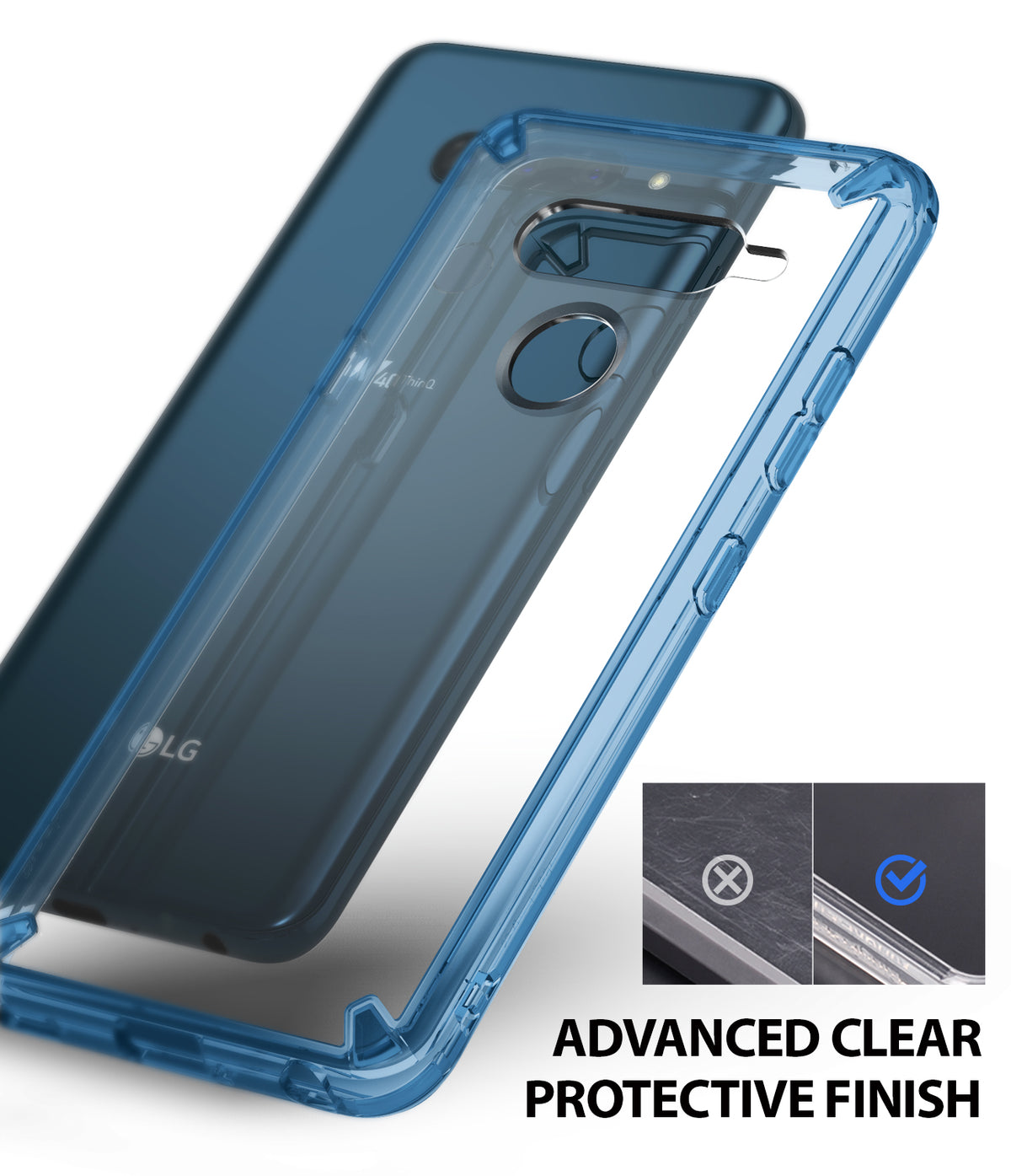 LG V40 ThinQ Case | Fusion - Aqua Blue - Aqua blue transparent phone case hovering over an LG V40 smartphone.