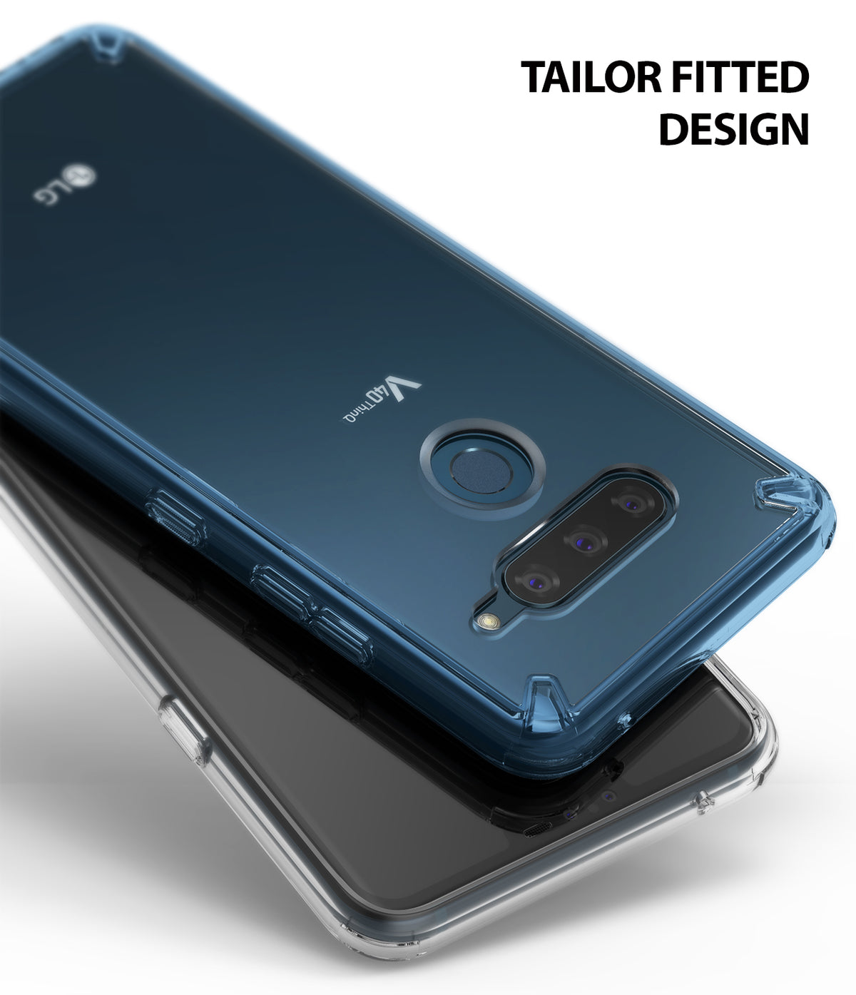 LG V40 ThinQ Case | Fusion - Aqua Blue - Transparent aqua blue phone case on an LG V40 ThinQ with text Tailor Fitted Design.