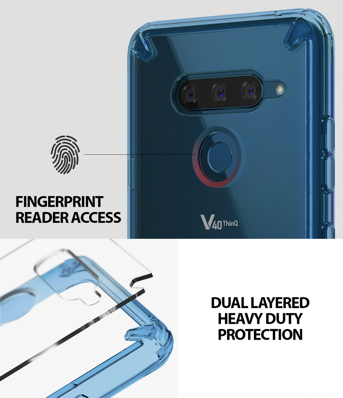 LG V40 ThinQ Case | Fusion - Aqua Blue - Aqua blue phone case showing fingerprint reader access and dual-layer protection.