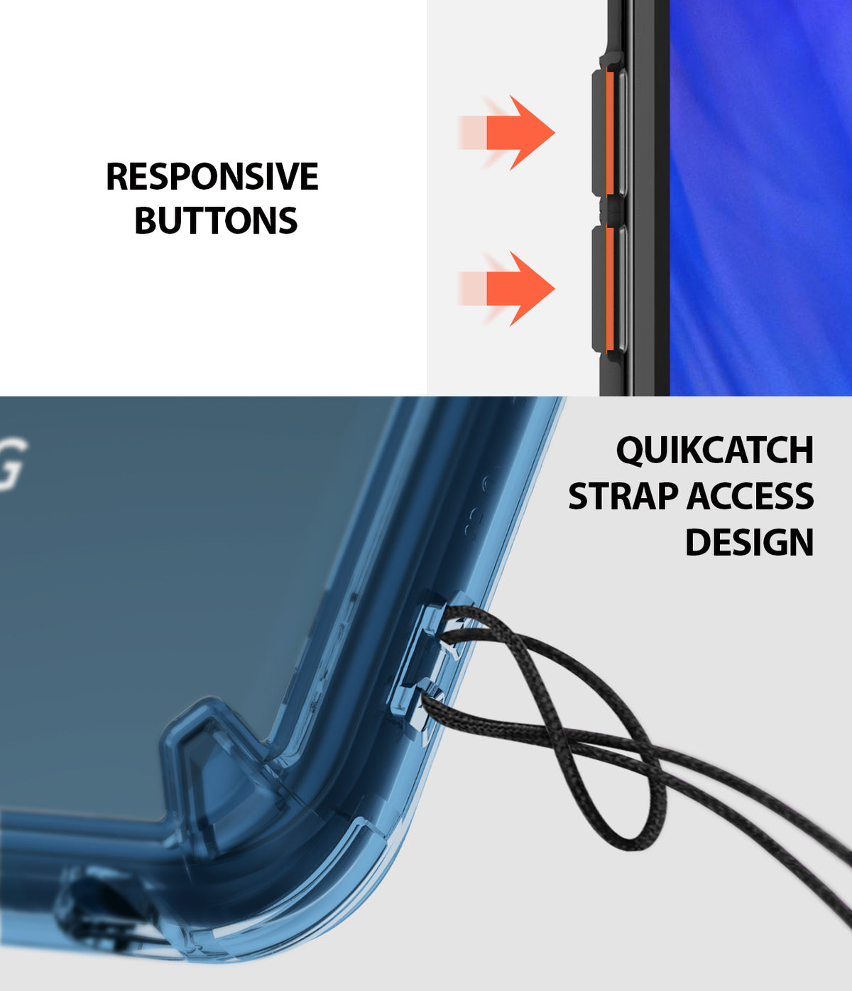 LG V40 ThinQ Case | Fusion - Aqua Blue - Close-up of responsive phone buttons and a QuikCatch lanyard strap hole.