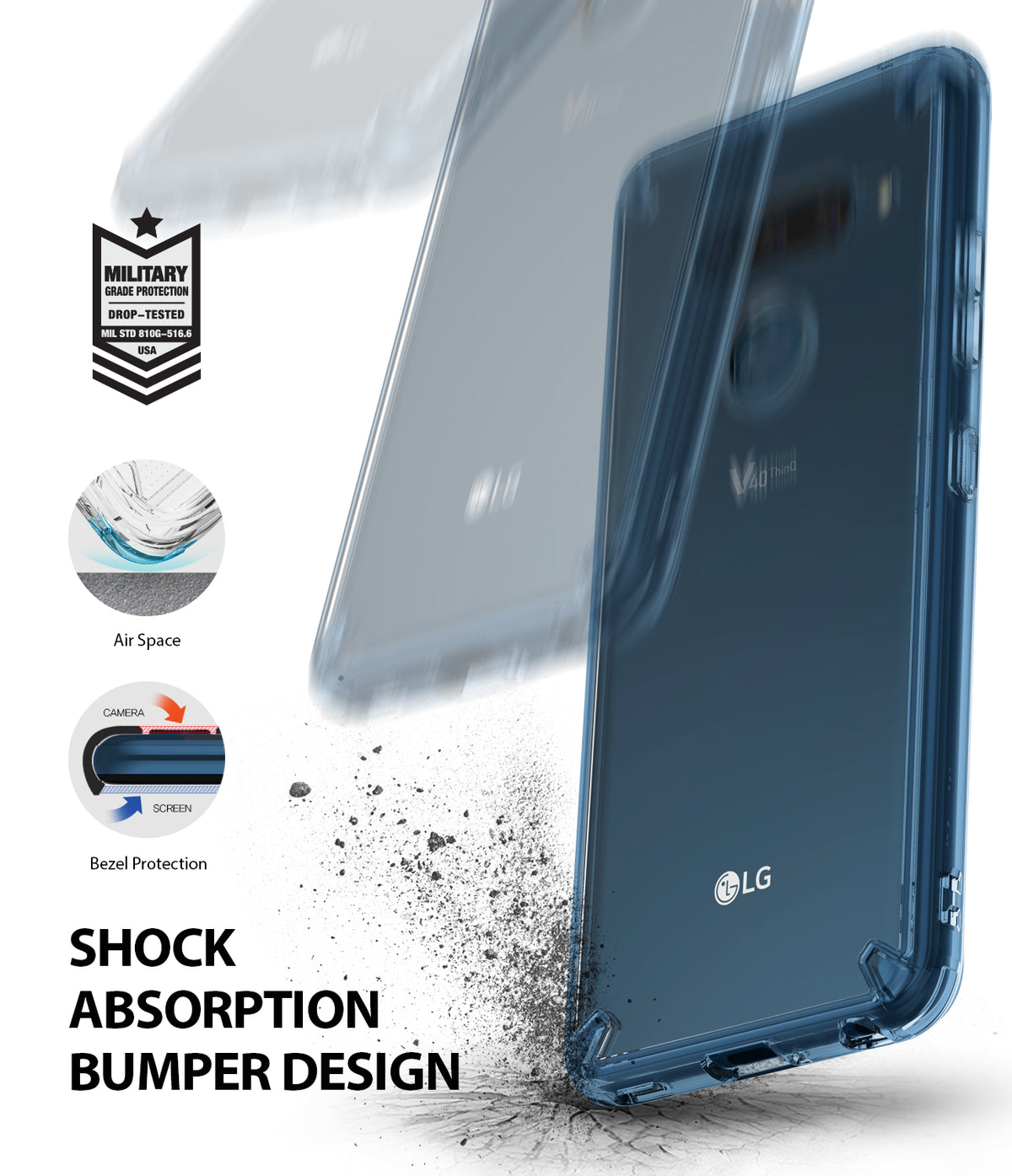 LG V40 ThinQ Case | Fusion - Aqua Blue - Aqua blue phone case showing shock absorption, air space, and bezel protection.