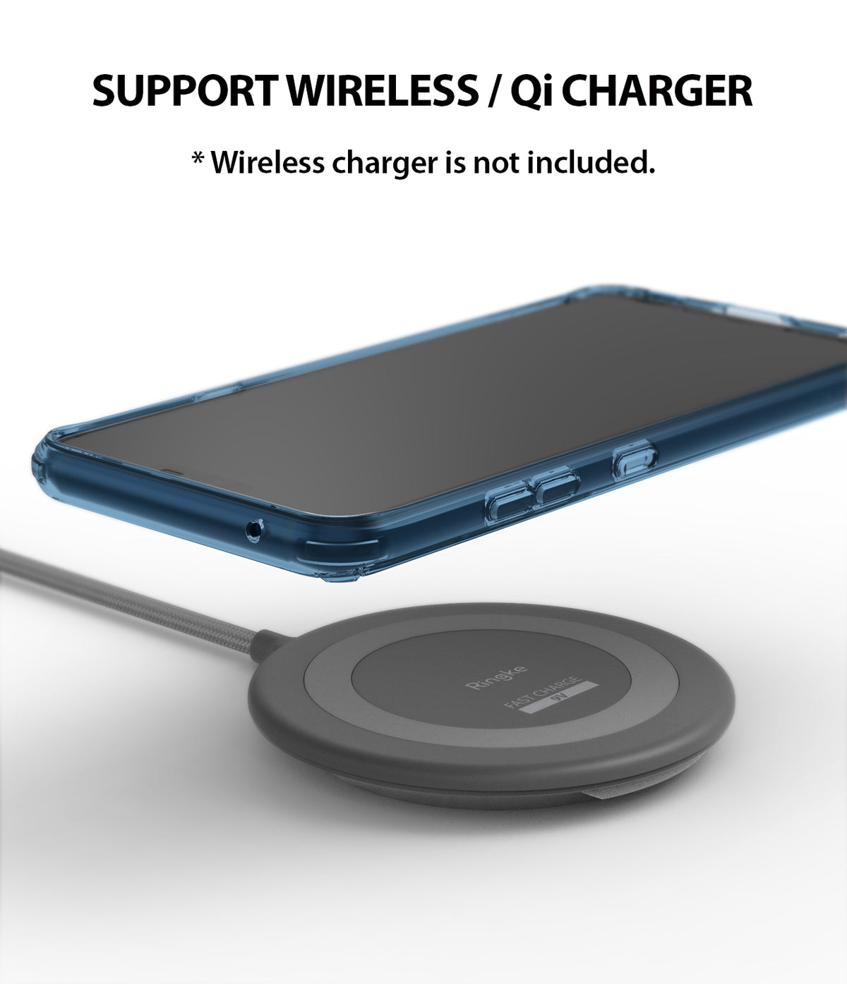 LG V40 ThinQ Case | Fusion - Aqua Blue - Aqua blue phone case hovering above a gray wireless charging pad.