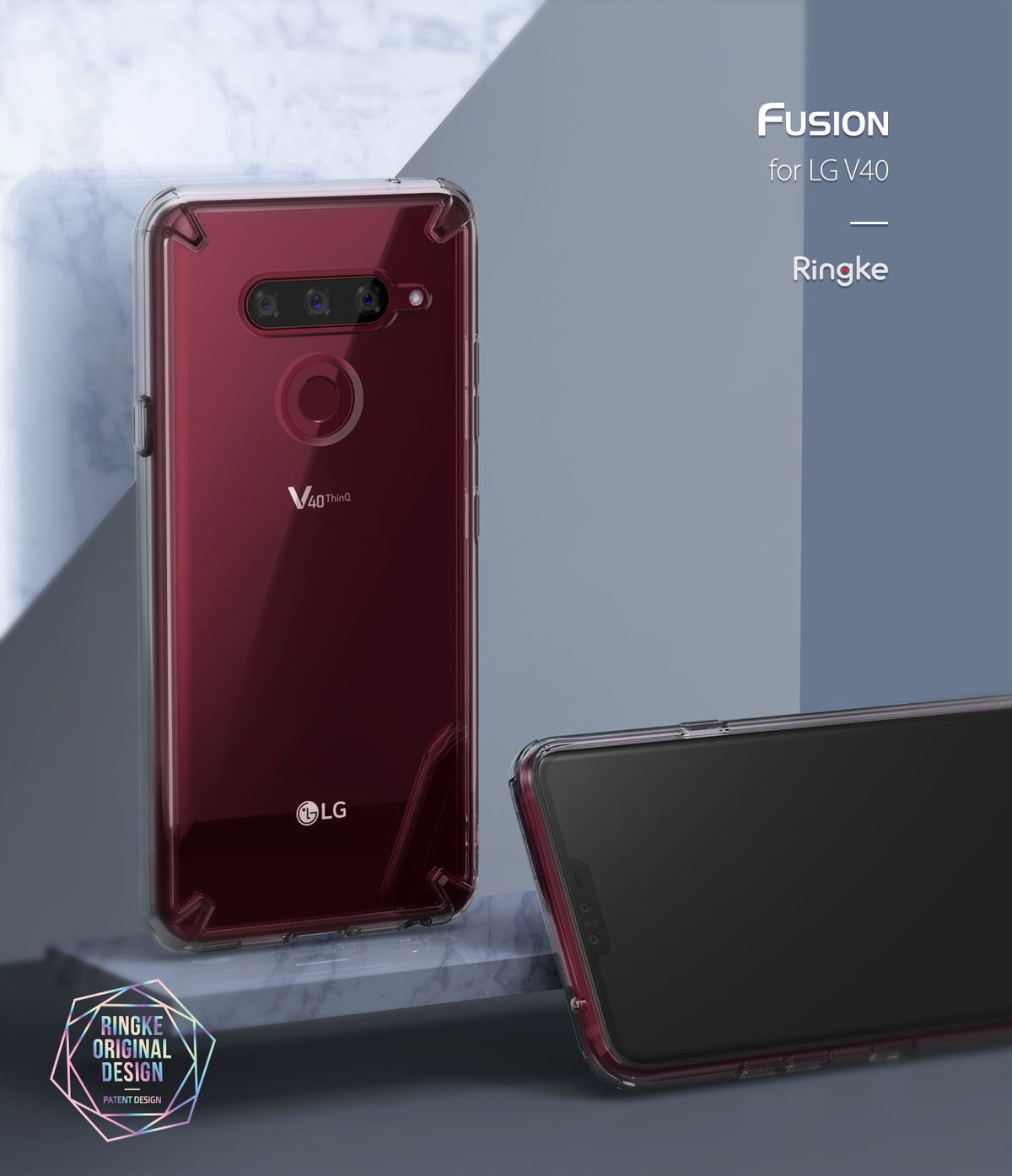 LG V40 ThinQ Case | Fusion - Aqua Blue - Clear protective case on a maroon LG V40 phone against a marble background.
