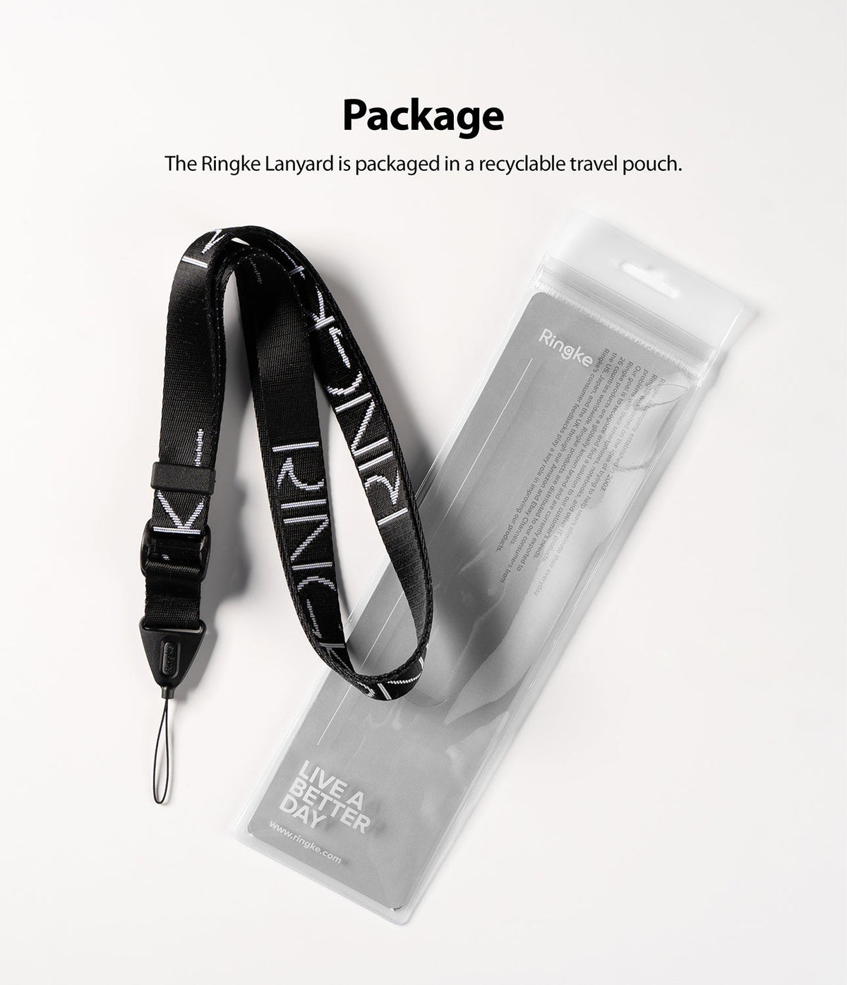 Design Lanyard Strap - A black Ringke branded lanyard with a white logo next to its recyclable plastic travel pouch.