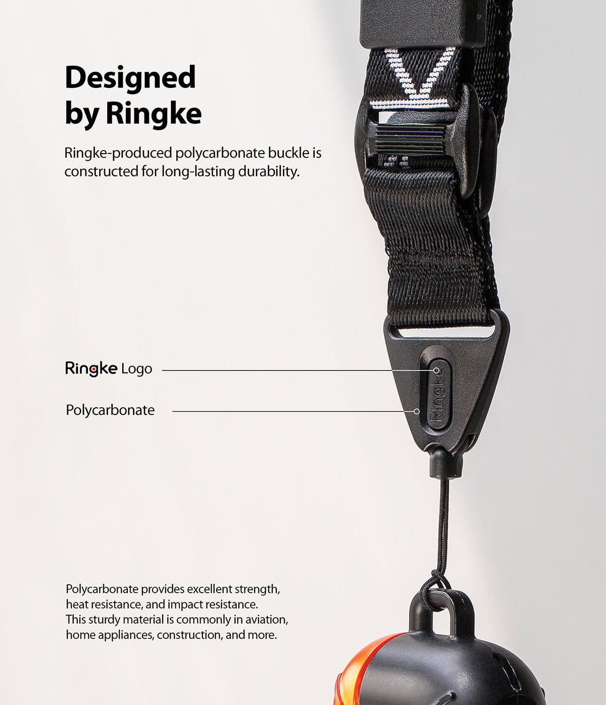 Design Lanyard Strap - Close-up of a black Ringke lanyard buckle with labels highlighting its logo and polycarbonate material.