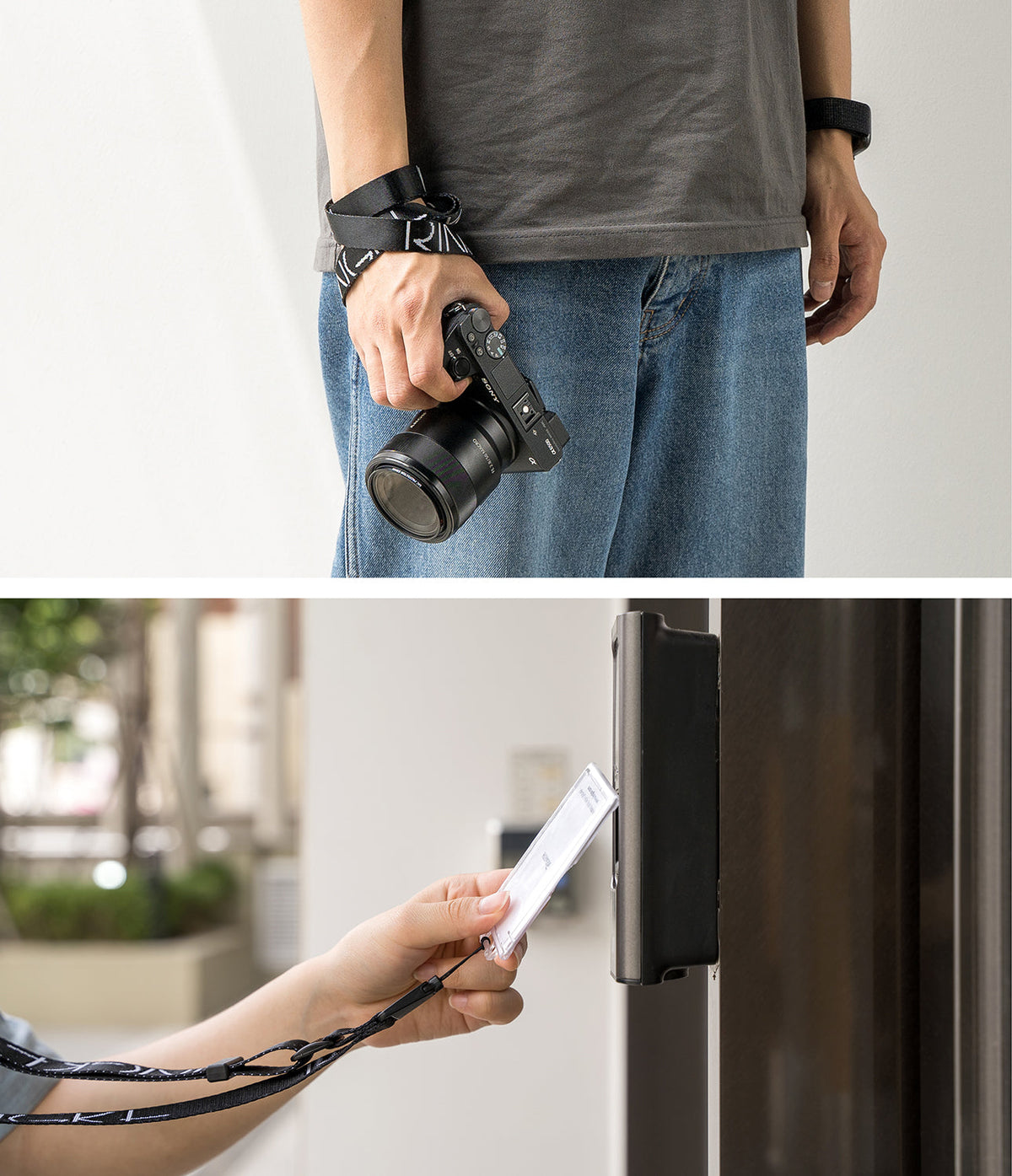 Design Lanyard Strap - Person wearing a black branded wrist strap with a camera and using a badge holder on a door reader.