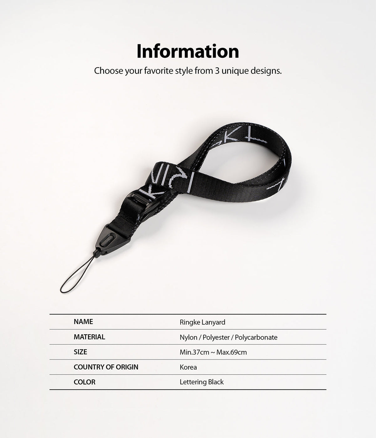 Design Lanyard Strap - Black nylon lanyard with white lettering, featuring a quick-release buckle and loop attachment.