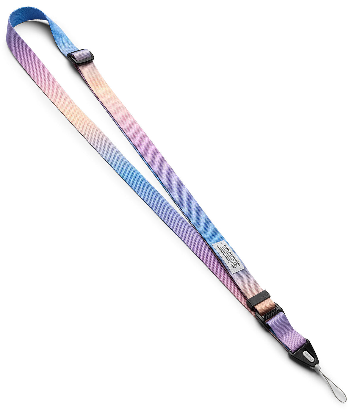 Design Lanyard Strap - Adjustable lanyard with a blue, purple, and peach gradient pattern and a black plastic buckle.