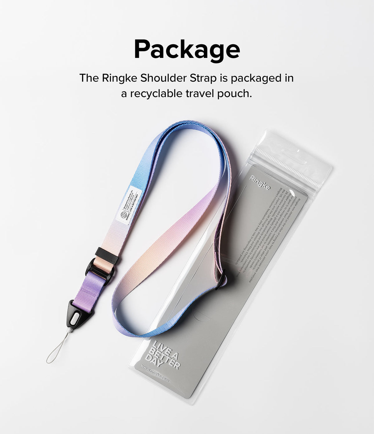 Design Lanyard Strap - A pastel gradient shoulder strap with black hardware next to its recyclable clear plastic packaging.