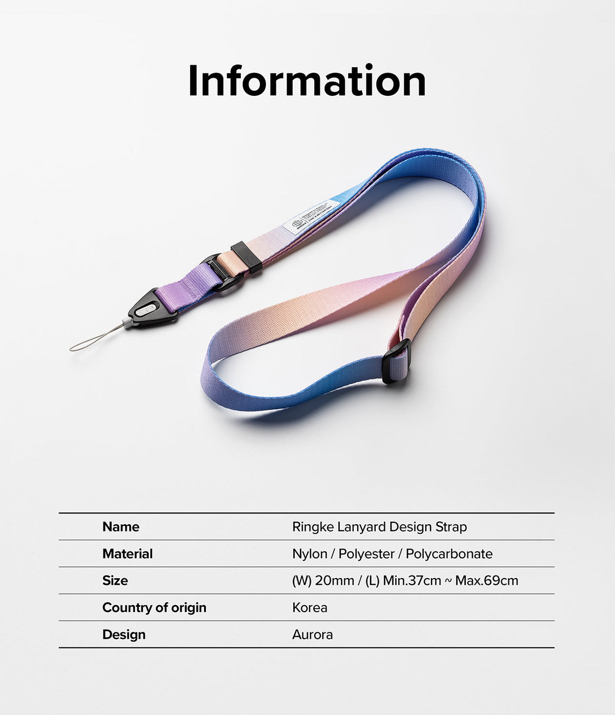 Design Lanyard Strap - Aurora gradient nylon lanyard with black plastic hardware and an adjustable slider on a white background.