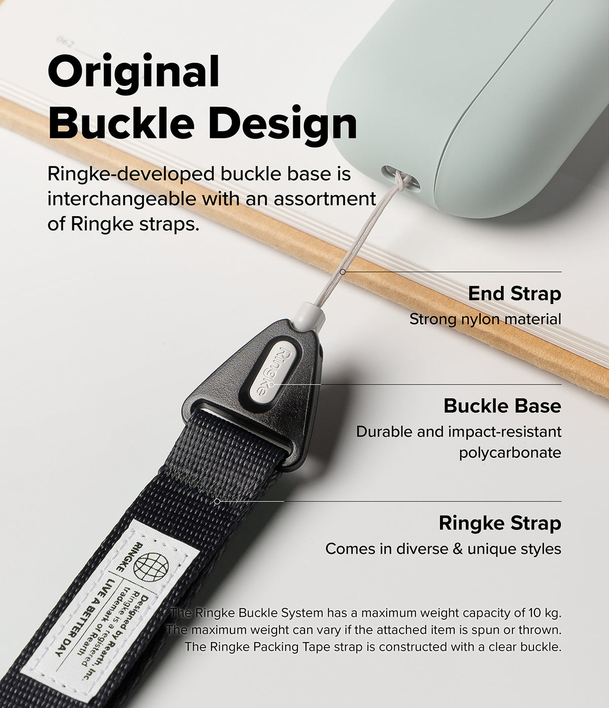 Design Lanyard Strap - Diagram showing a Ringke nylon strap connected to a device via a durable polycarbonate buckle base.