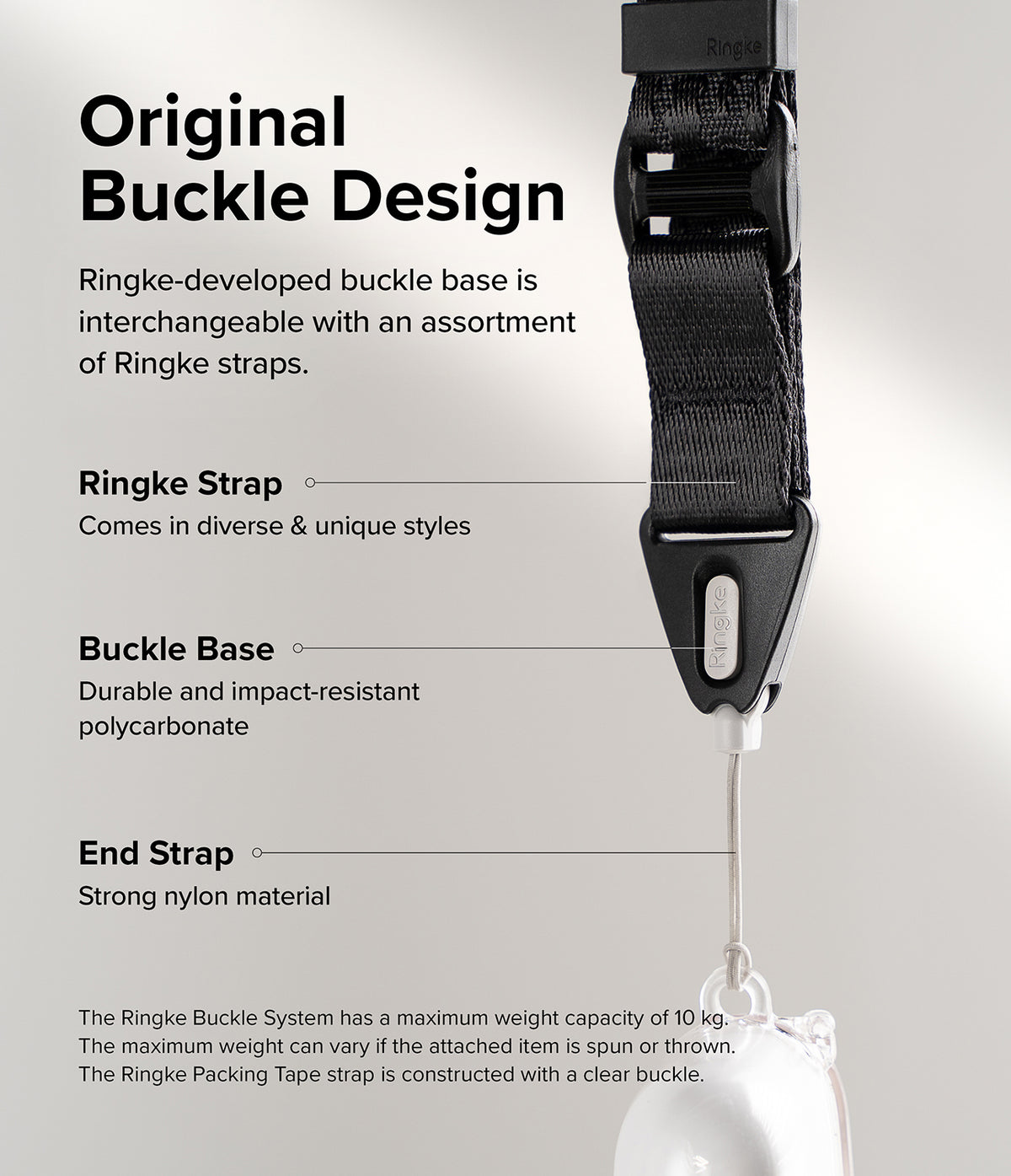 Design Lanyard Strap - Diagram showing a black Ringke lanyard with a durable buckle base and nylon end strap.