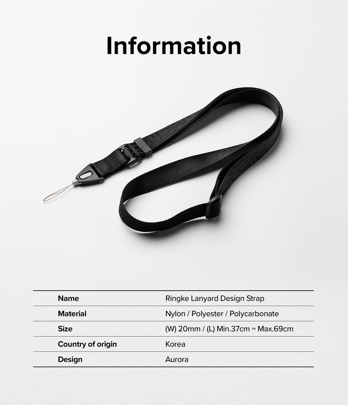 Design Lanyard Strap - Black adjustable lanyard with a patterned strap and product specifications table below.