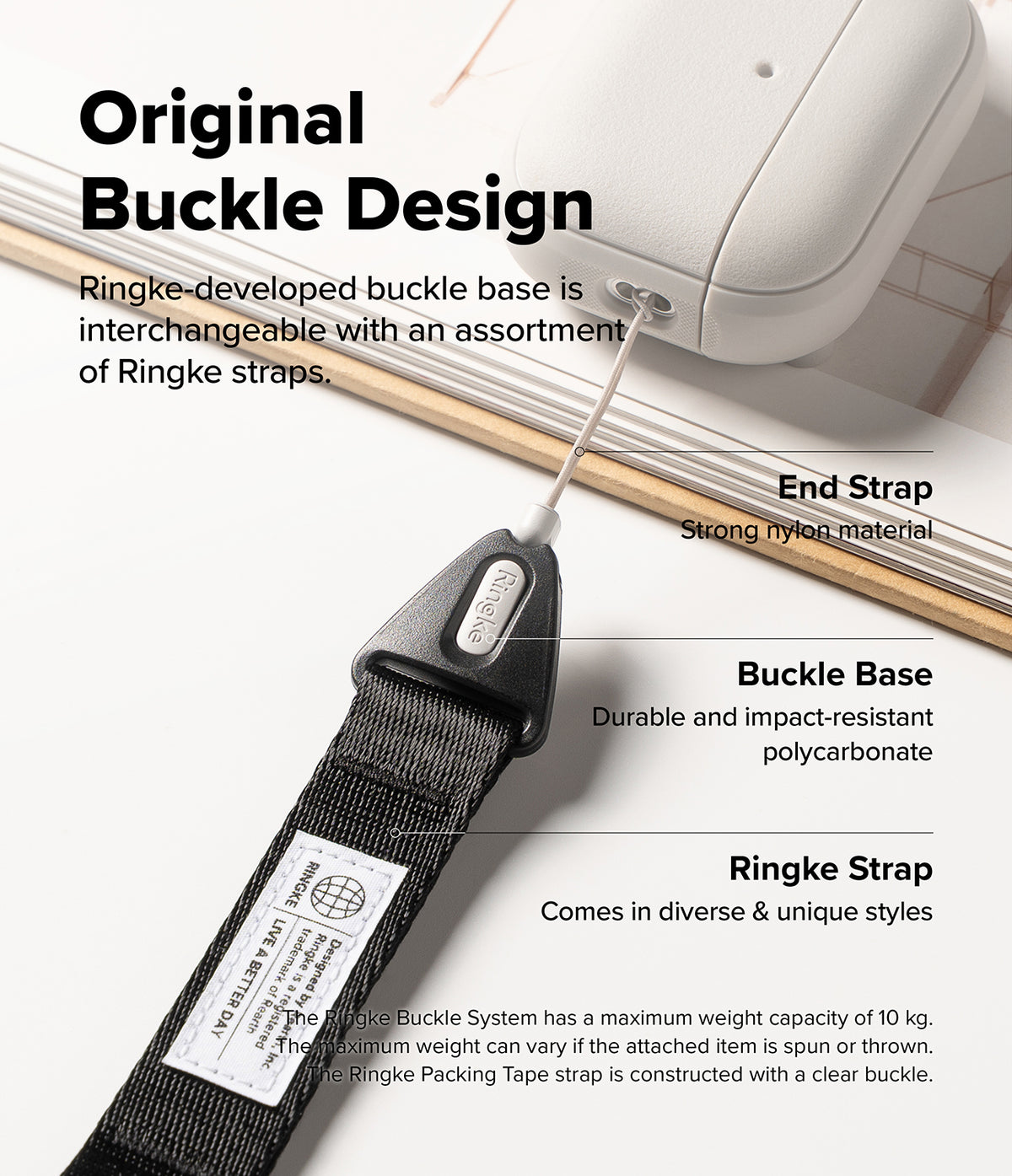 Design Lanyard Strap - Diagram showing a white case attached to a black Ringke lanyard via a durable polycarbonate buckle.