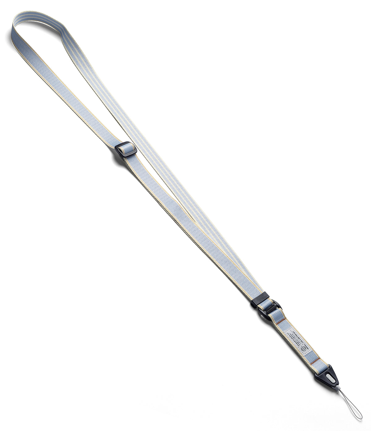 Design Lanyard Strap - Light blue and white striped adjustable lanyard with black plastic hardware and a thin attachment loop.