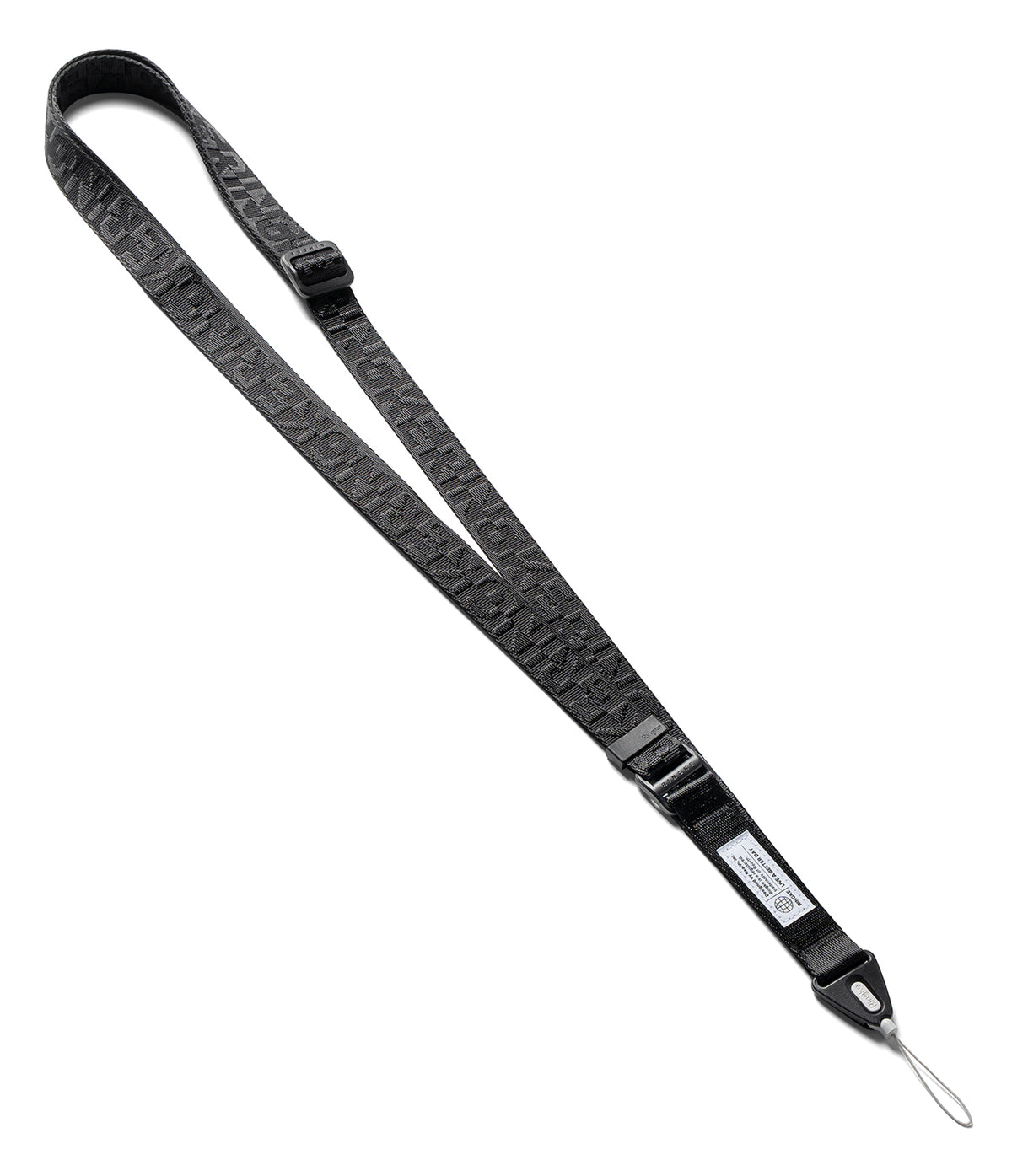 Design Lanyard Strap - Black adjustable lanyard with repeating Ringke logo pattern and a small white branded tag.