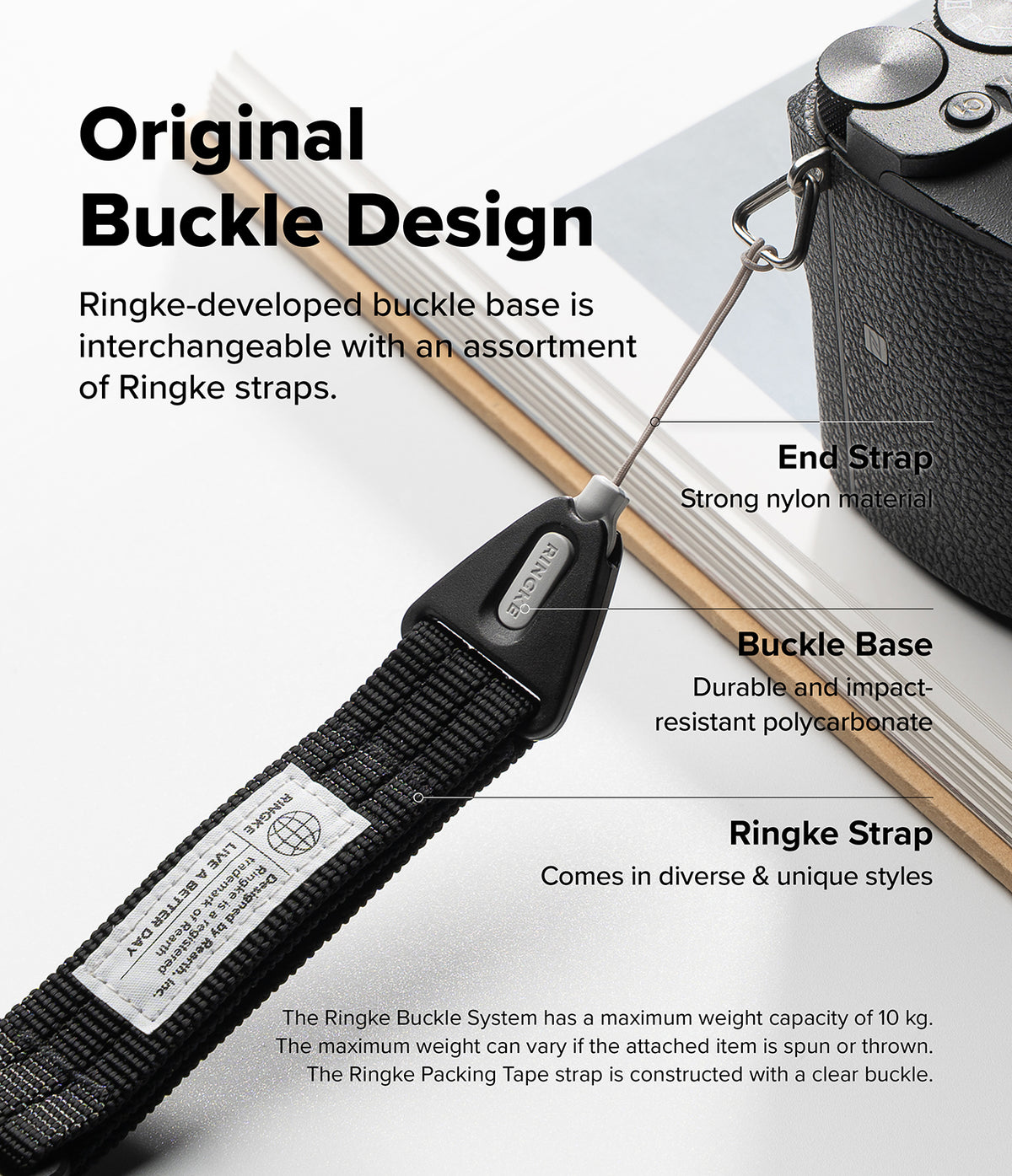 Design Lanyard Strap - A close-up product diagram of a black webbing camera strap with a black buckle base and metal end strap, shown with labeled callouts including 'Original Buckle Design,' 'End Strap,' 'Buckle Base,' and 'Ringke Strap.' The photo is on a light gray background with a partial camera visible at the top right.