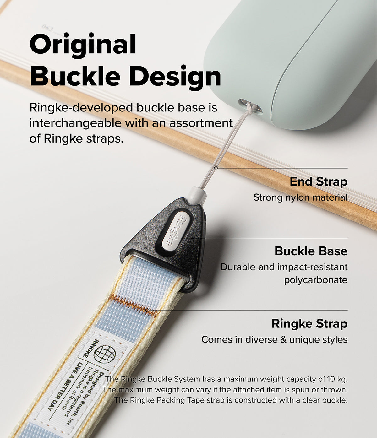 Design Lanyard Strap - Diagram showing a Ringke buckle base, nylon end strap, and patterned fabric lanyard with labels.