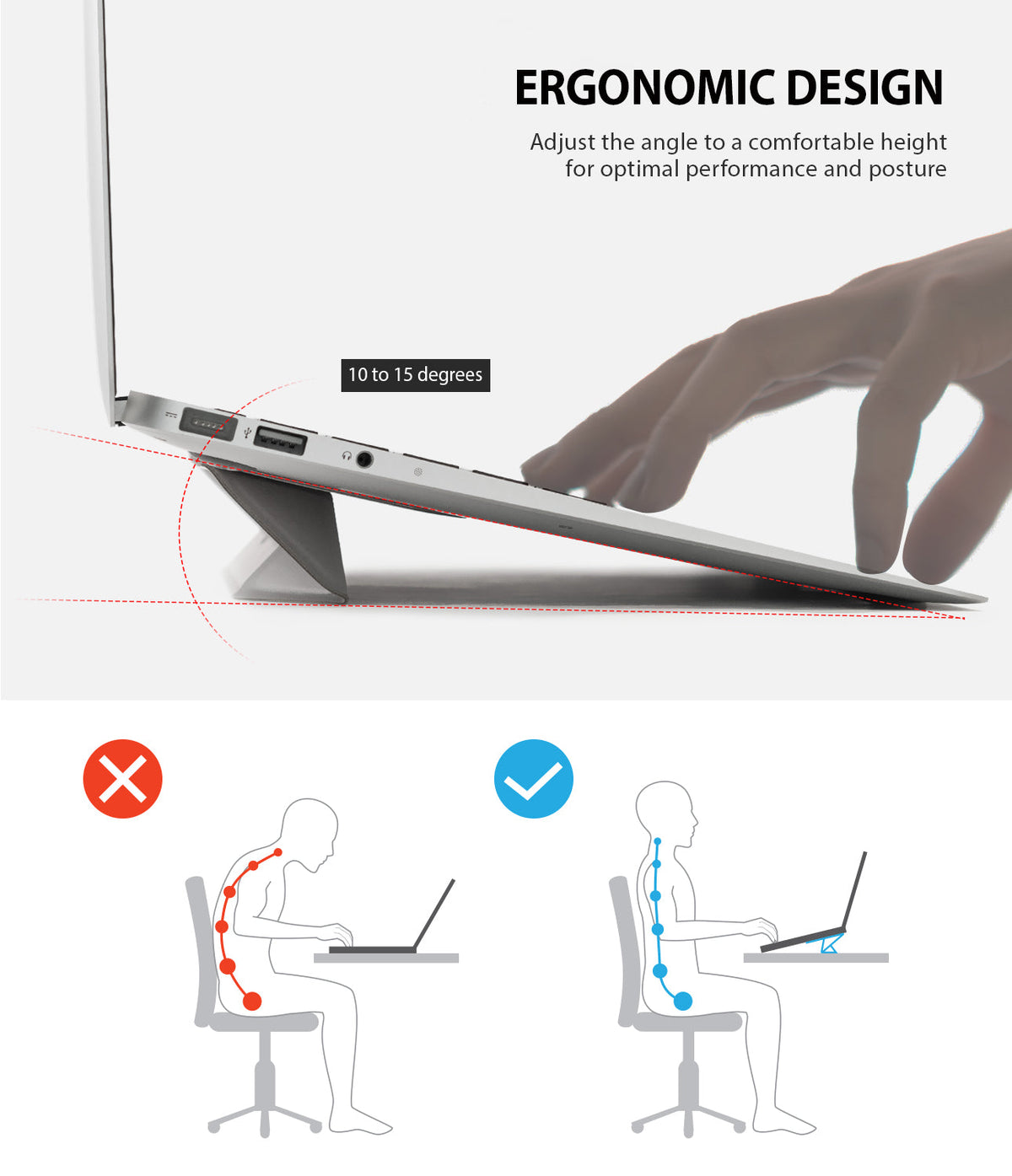 Laptop Stand - Side view of a laptop on an ergonomic stand with posture comparison diagrams showing improved spinal alignment.
