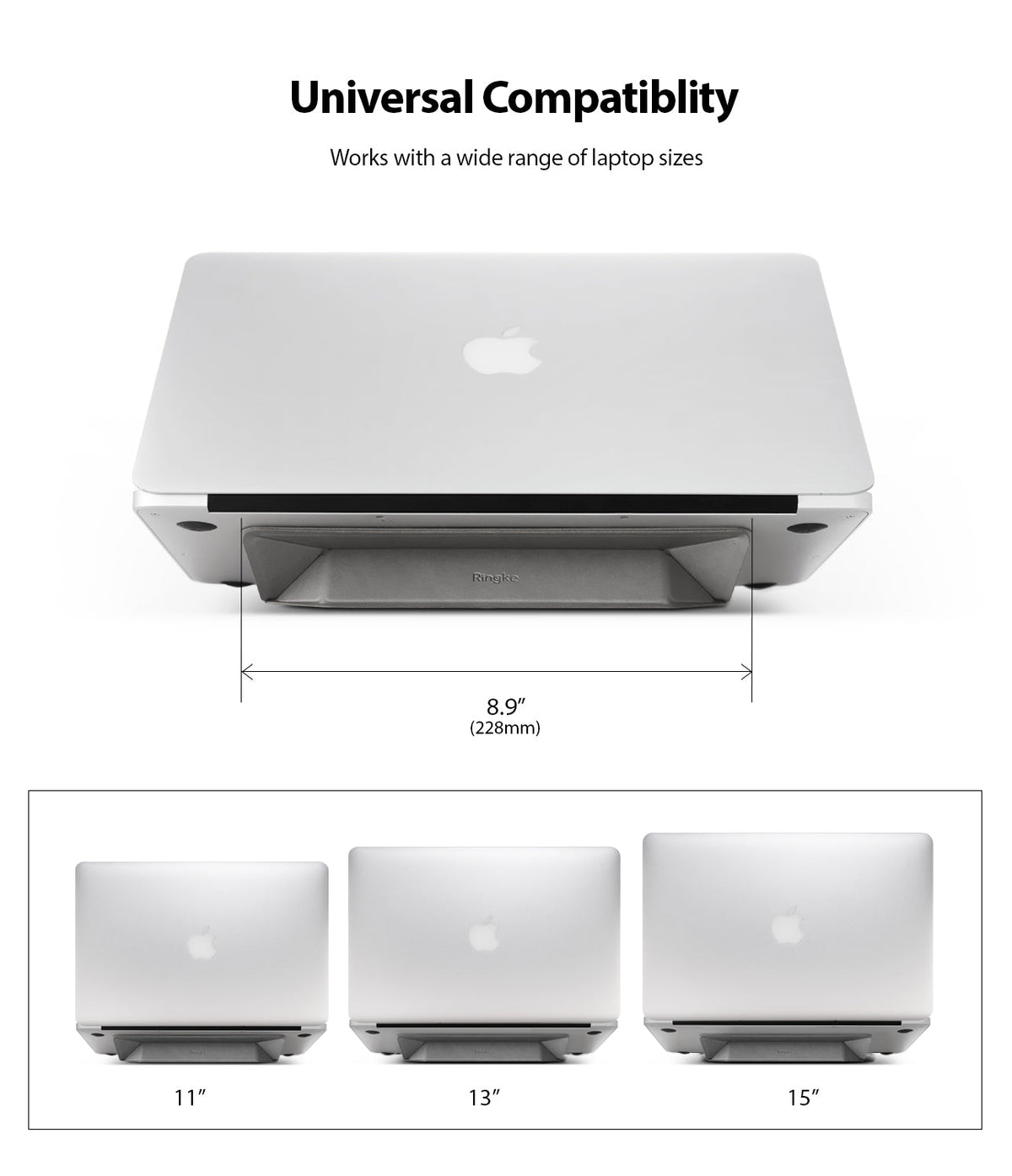 Laptop Stand - Gray adhesive laptop stand attached to various sized silver laptops, showing 8.9-inch width and compatibility.