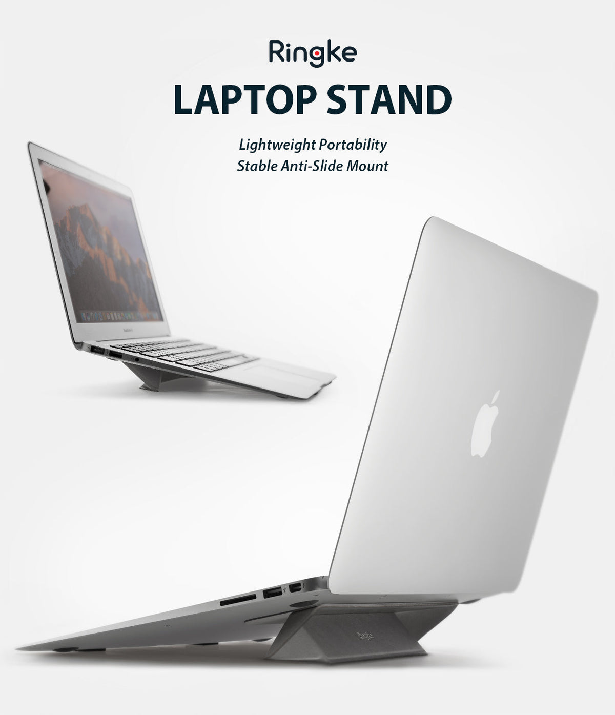 Laptop Stand - Silver laptop elevated by a compact, gray adhesive stand shown from side and rear angles.