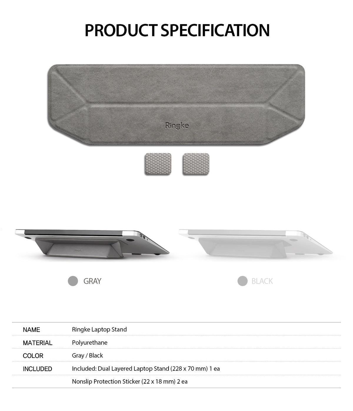 Laptop Stand - Gray foldable laptop stand with two nonslip stickers, shown flat and attached to a laptop with specifications.