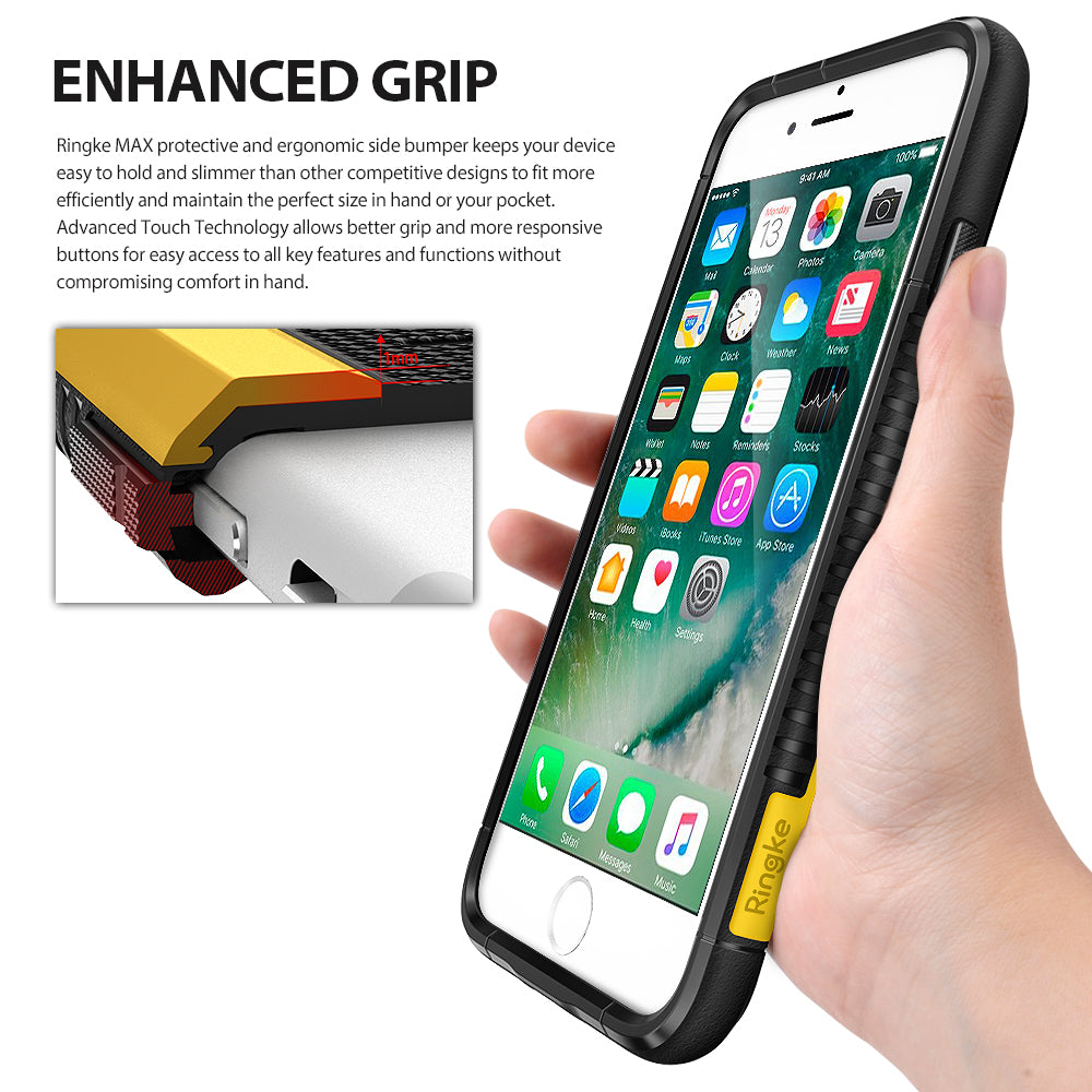 iPhone 8 / 7 Case | Max - Hand holding a phone in a black and yellow protective case with a close-up of the bumper design.