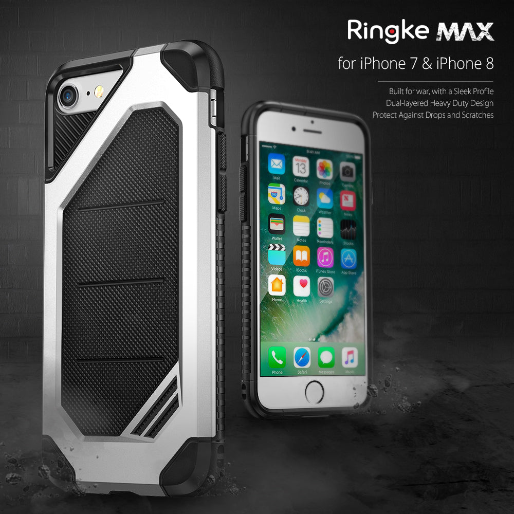 iPhone 8 / 7 Case | Max - Dual-layered silver and black heavy-duty phone case shown from back and front on a dark background.