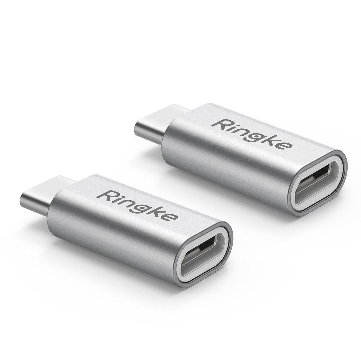 Micro USB to Type C Adapter - Two silver Ringke USB-C male to Micro-USB female adapters on a white background.