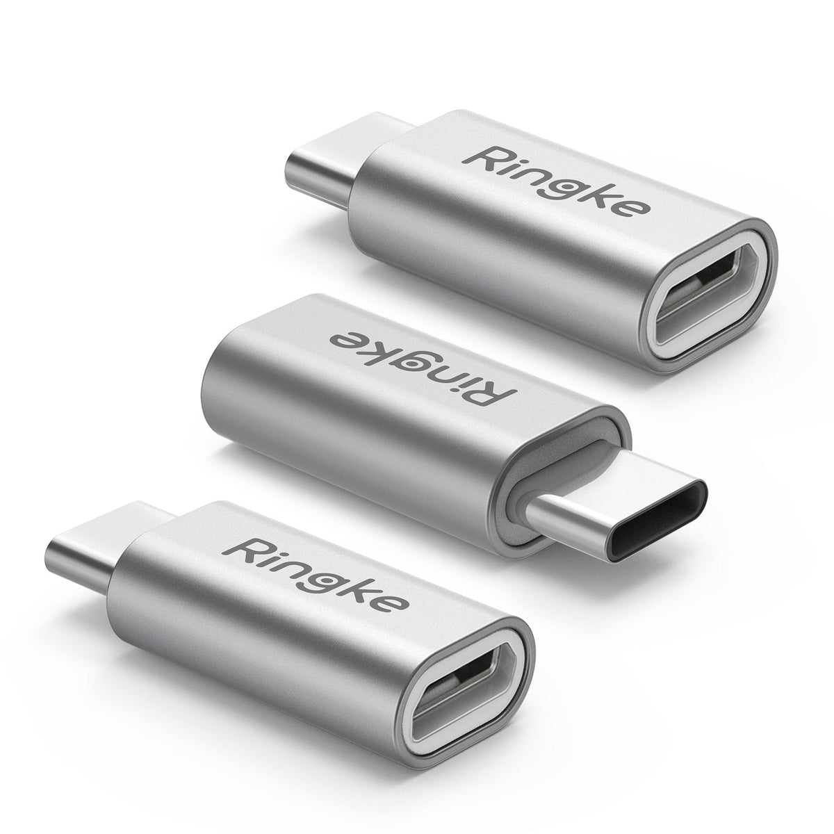Micro USB to Type C Adapter - Three silver Ringke Micro USB to USB-C adapters arranged diagonally on a white background.