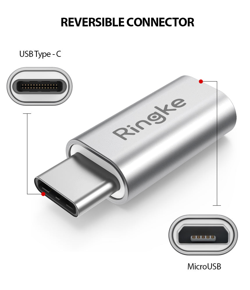 Micro USB to Type C Adapter - Silver Ringke adapter showing USB-C and Micro USB ports with reversible connector label.
