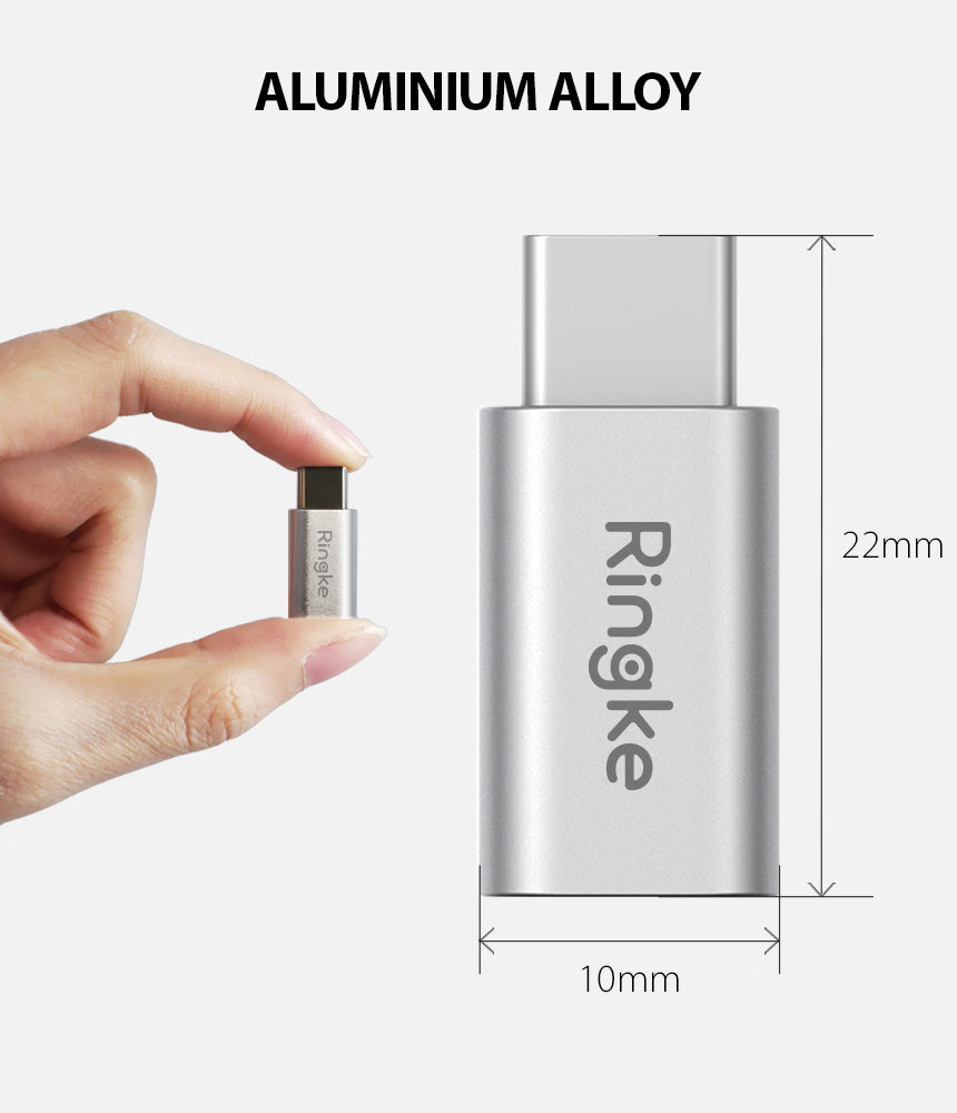 Micro USB to Type C Adapter - Silver aluminum adapter held by fingers, shown with 22mm by 10mm dimensions.