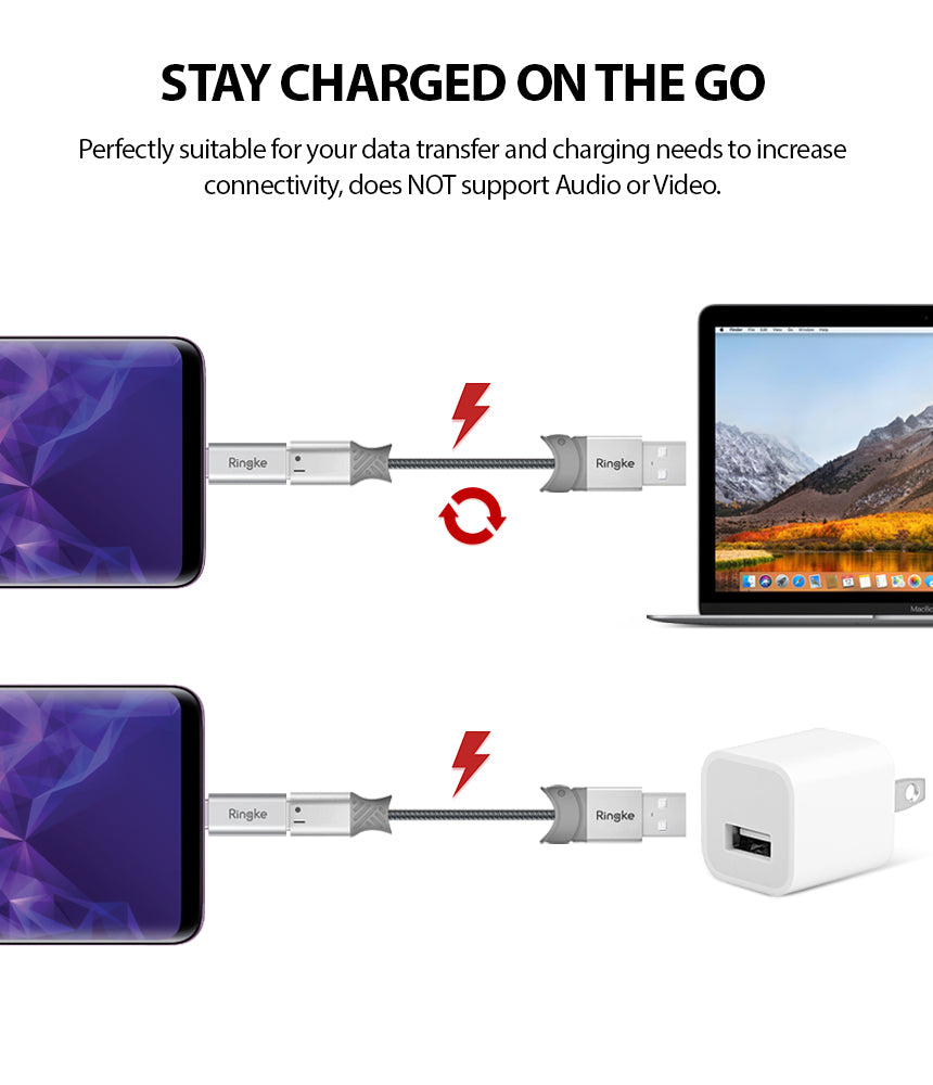 Micro USB to Type C Adapter - Diagram showing a Ringke adapter connecting a smartphone to a laptop and a wall charger.