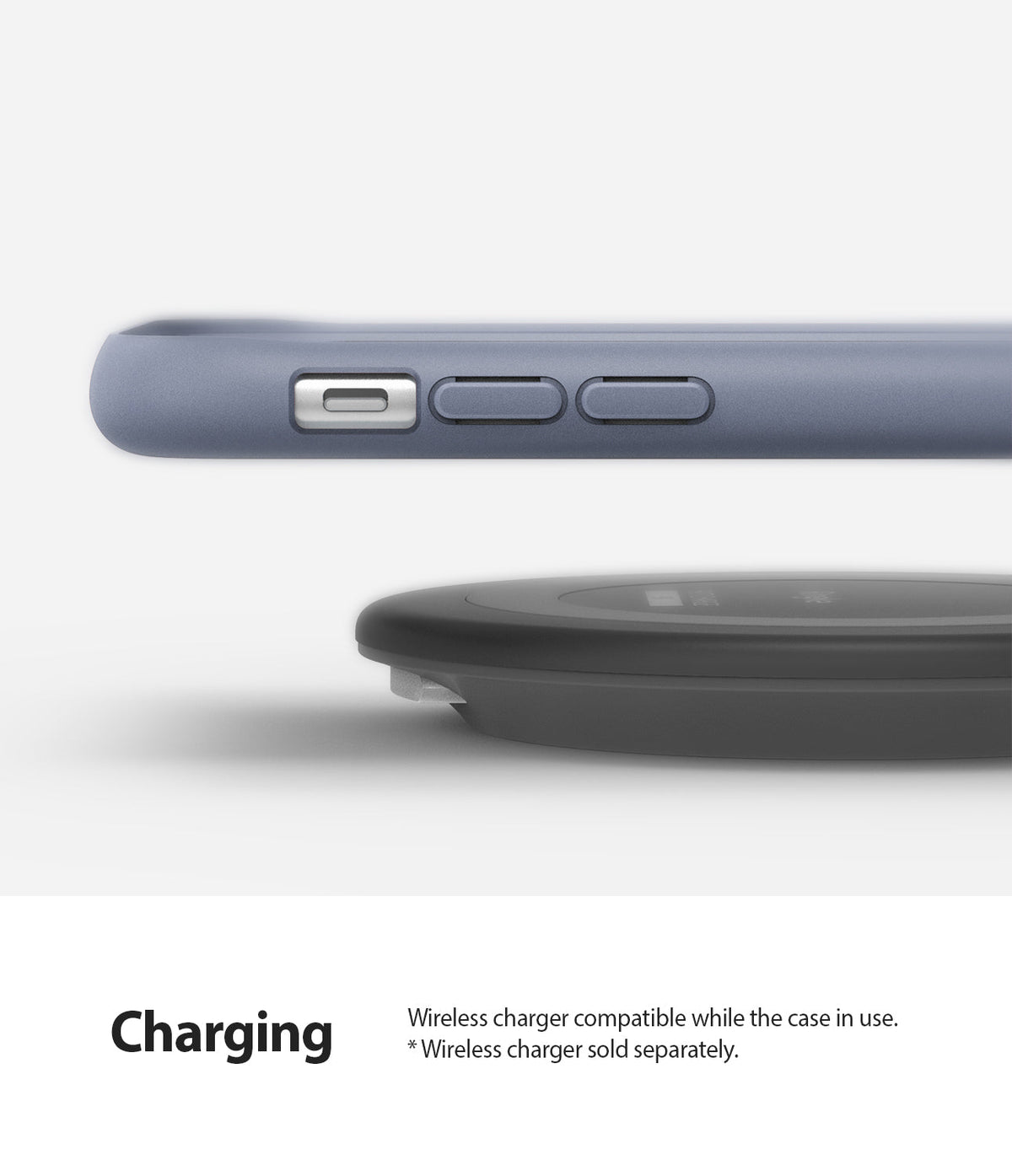 iPhone XR Case | Air-S - Lavender gray phone case hovering above a black wireless charging pad on a white background.