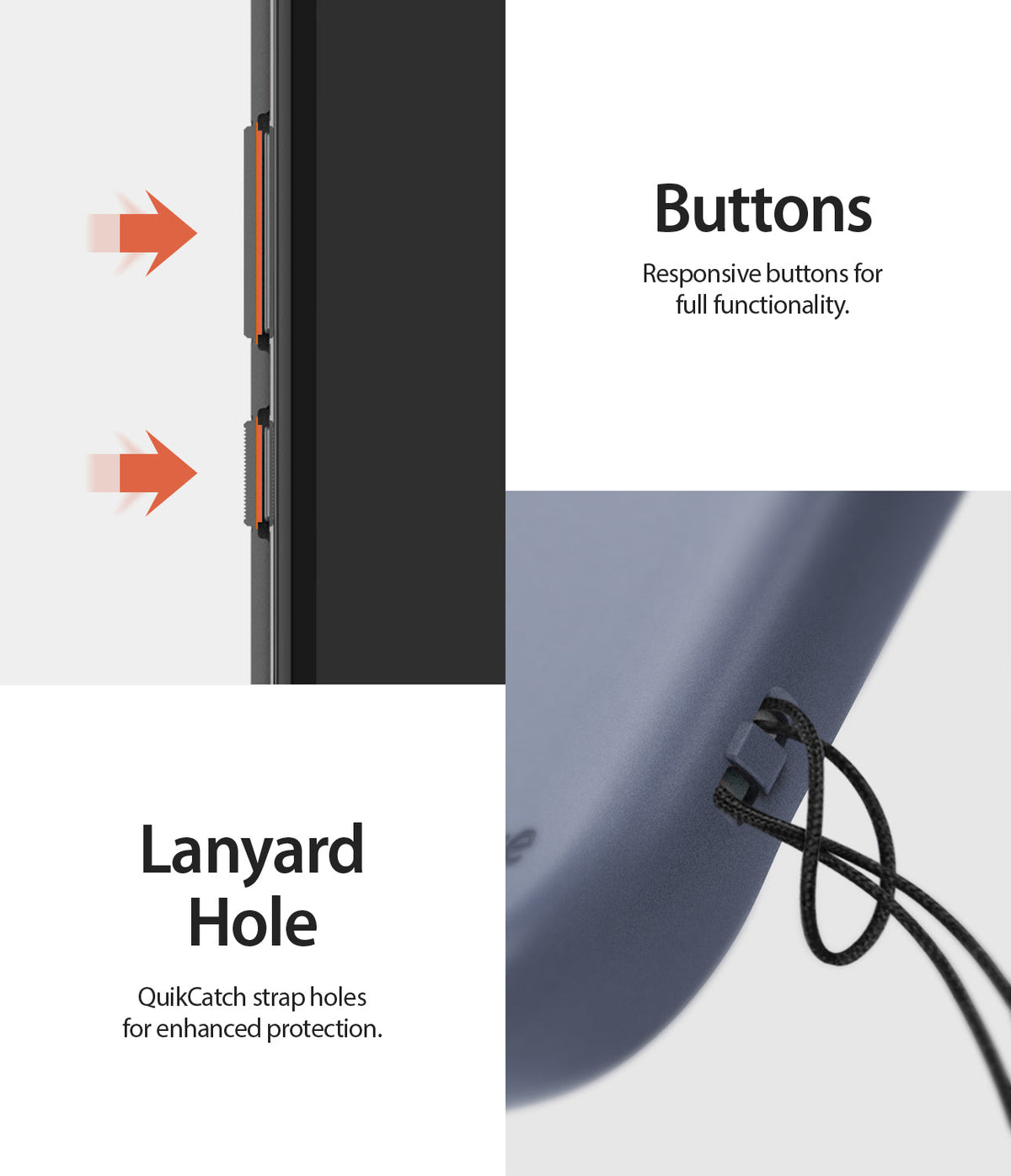 iPhone XR Case | Air-S - Close-up of responsive phone buttons and a QuikCatch lanyard hole with a strap attached.