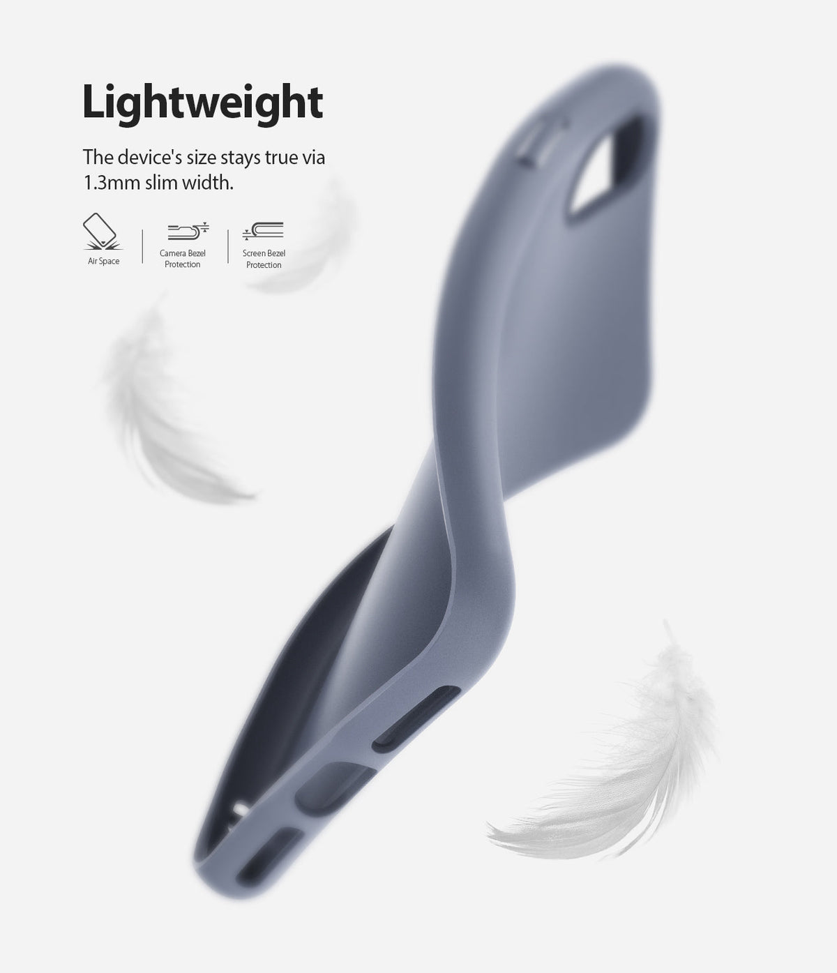 iPhone XR Case | Air-S - A flexible, lavender-gray phone case floating among white feathers with text highlighting its slim design.