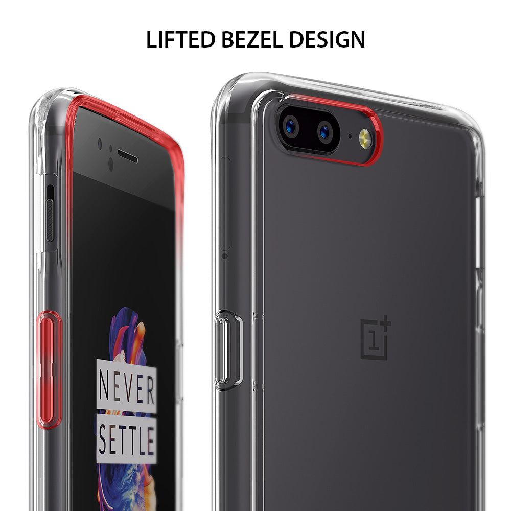 OnePlus 5 Case | Fusion - Clear phone case with red accents highlighting the lifted bezel design around the screen and camera.