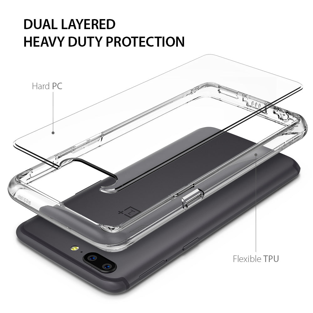 OnePlus 5 Case | Fusion - Exploded view of a dual-layered clear phone case with hard PC and flexible TPU components.