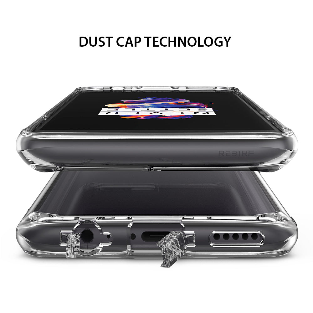 OnePlus 5 Case | Fusion - Clear phone case with open dust caps for the charging port and headphone jack.