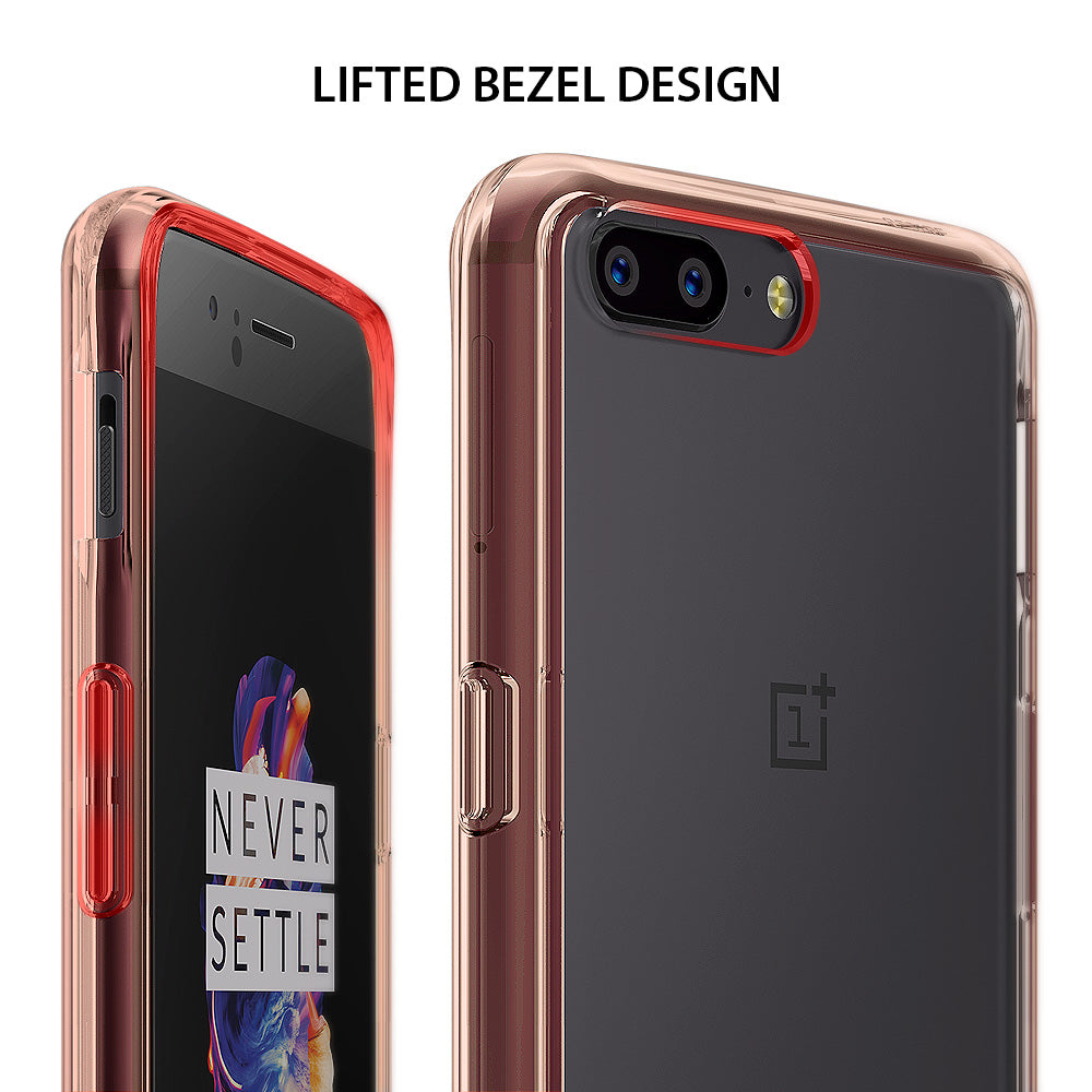 OnePlus 5 Case | Fusion - Rose gold phone case on a OnePlus 5 showing the lifted bezel design and dual camera cutout.