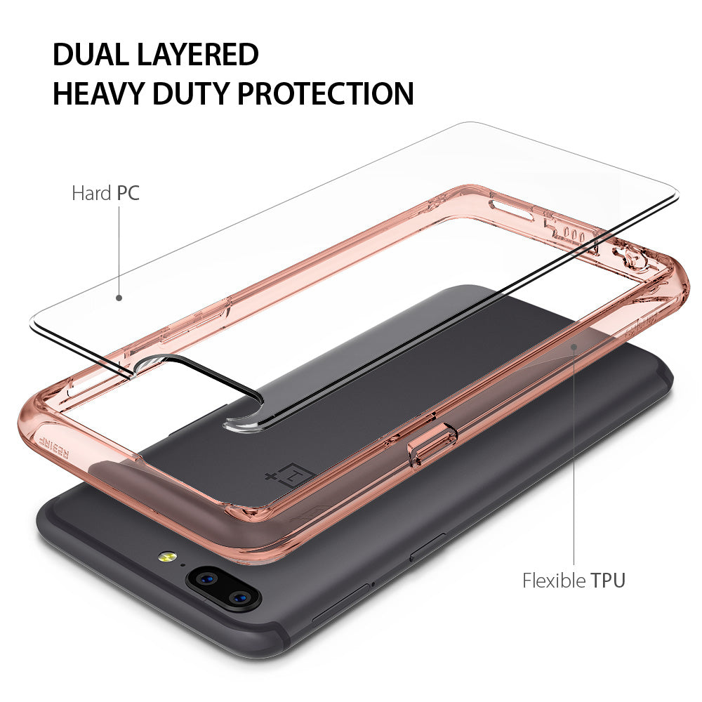 OnePlus 5 Case | Fusion - Exploded view of a rose gold dual-layered phone case with hard PC and flexible TPU components.