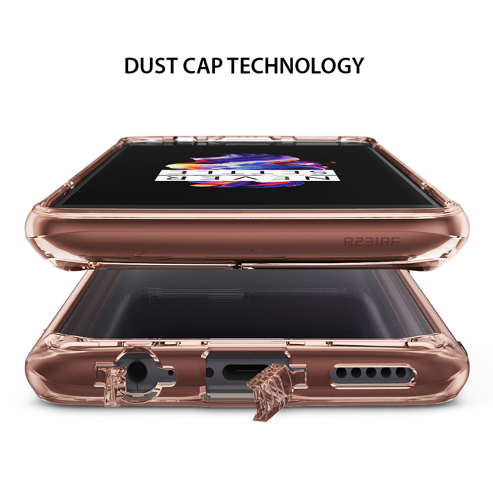OnePlus 5 Case | Fusion - Rose gold phone case with open dust caps for the headphone jack and charging port.