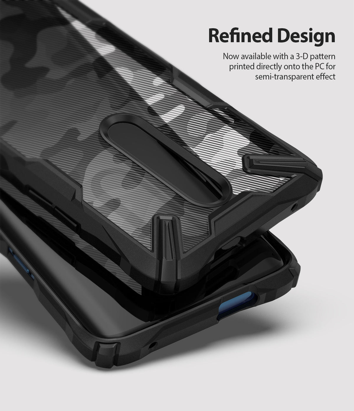 OnePlus 7 Pro Case | Fusion-X - Black camouflage phone case with a semi-transparent 3D pattern and rugged bumper edges.