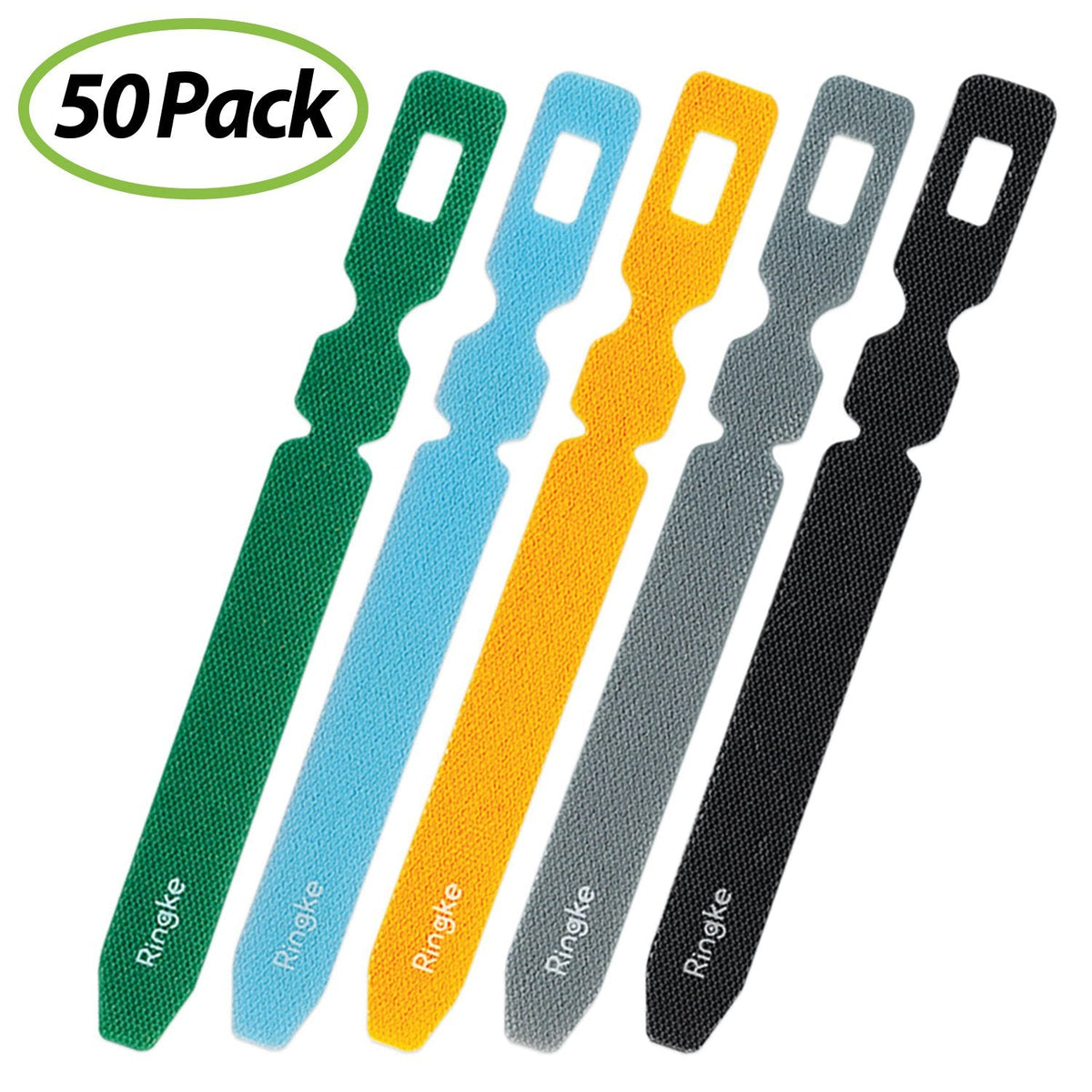 Magic Cable Tie - Five colorful, textured cable ties with a 50-pack label, each featuring the Ringke logo.