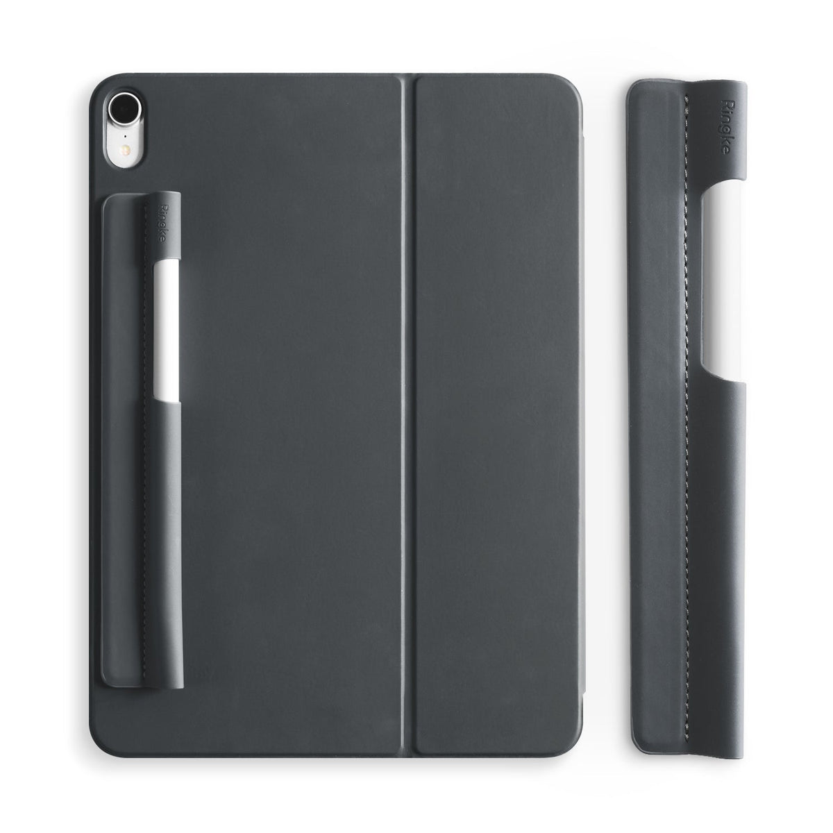Pen Sleeve - Dark gray adhesive stylus holder attached to a tablet case, shown with and without a stylus inserted.