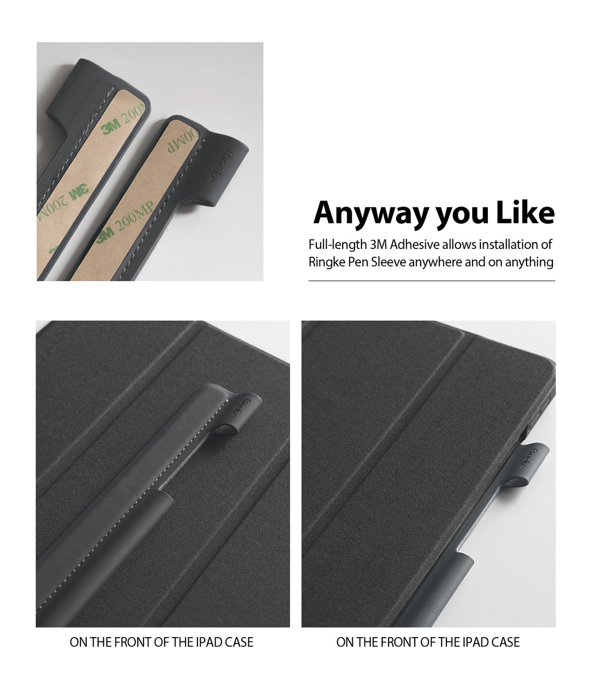 Pen Sleeve - Adhesive pen holders shown with 3M backing and attached to the front of a black tablet case.