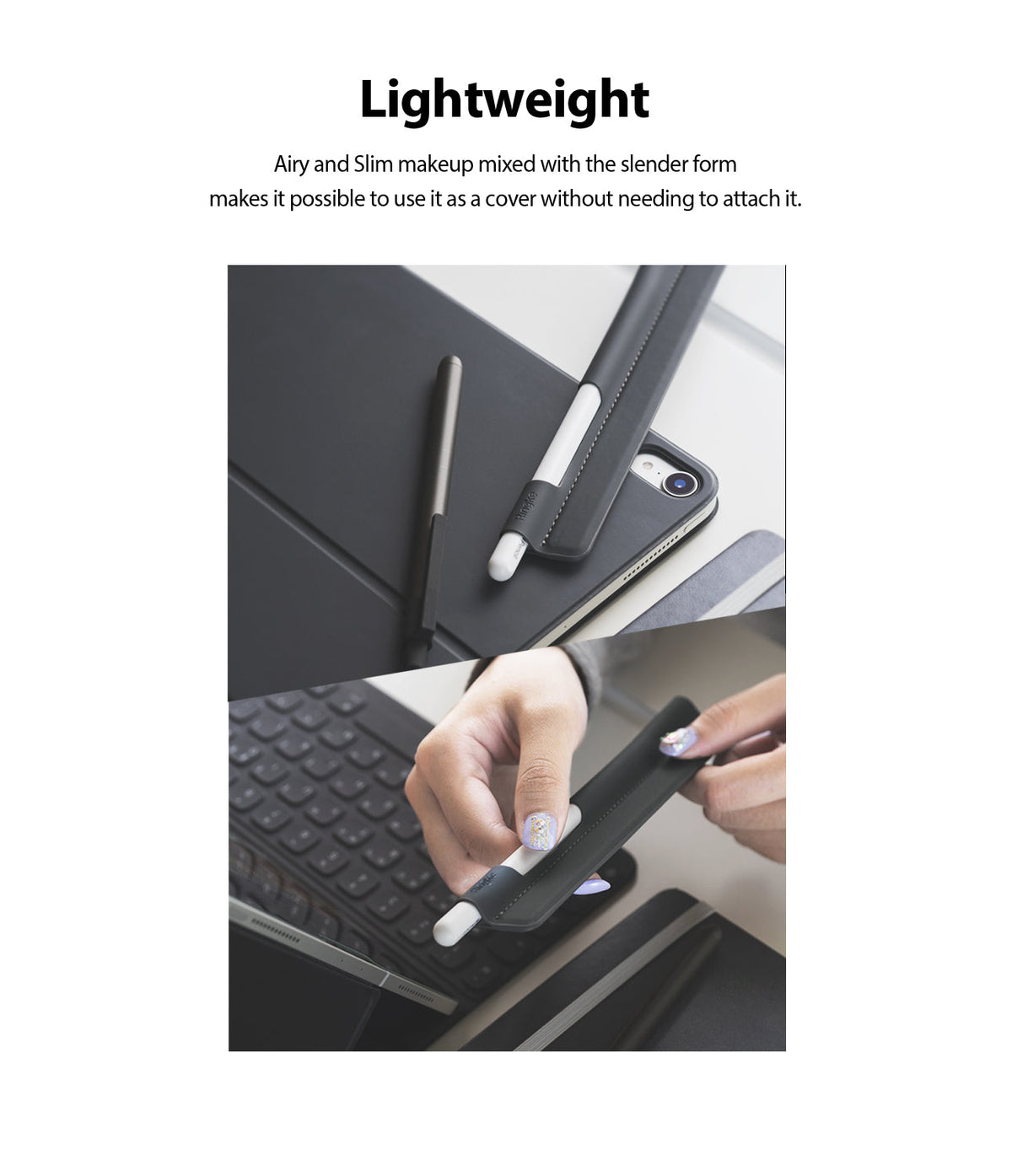 Pen Sleeve - A slim black leather sleeve holding a stylus, shown resting on a tablet and being held by hands.