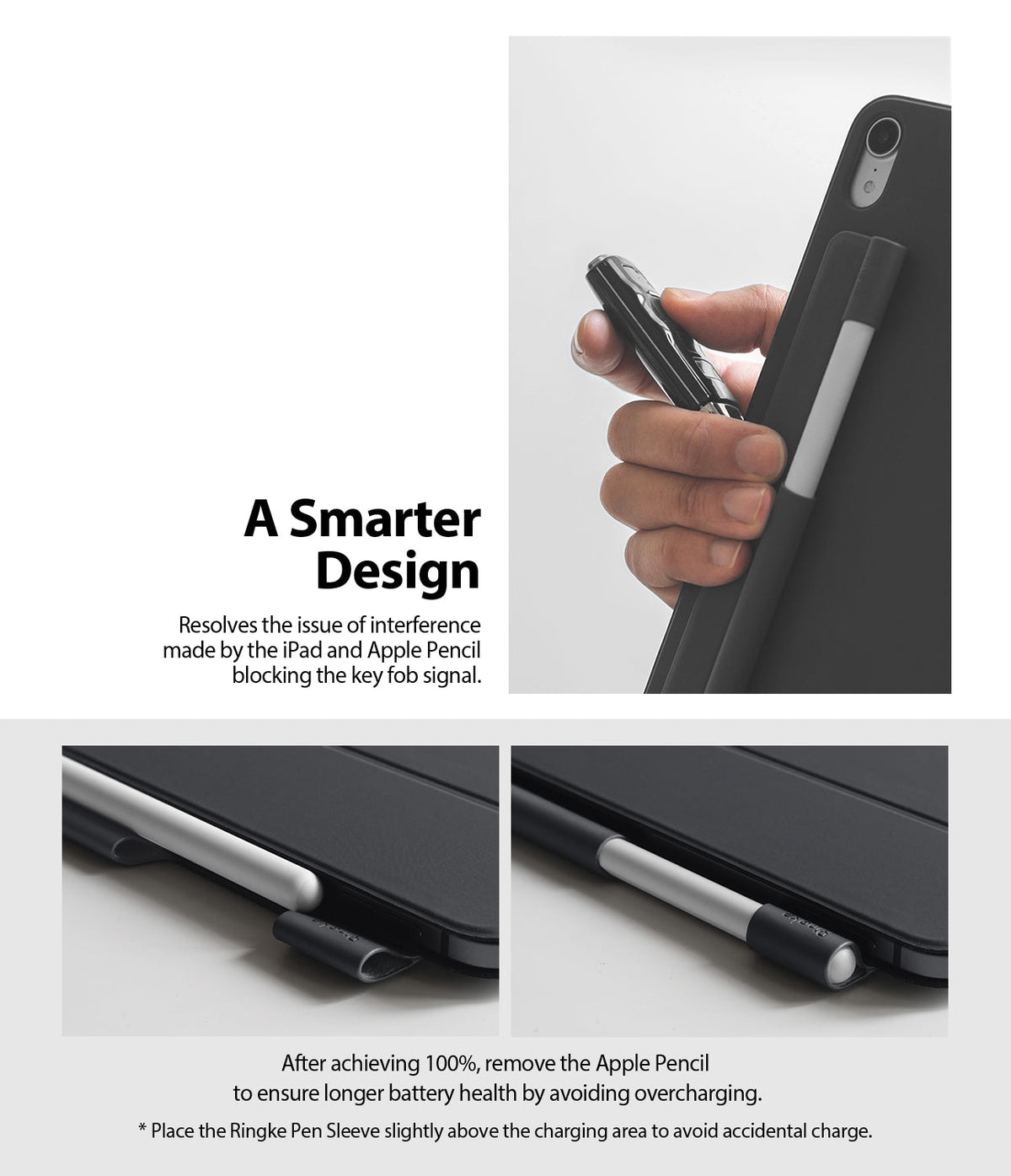 Pen Sleeve - A hand holding a car key fob near an iPad with a pen sleeve attached, showing placement to avoid interference.