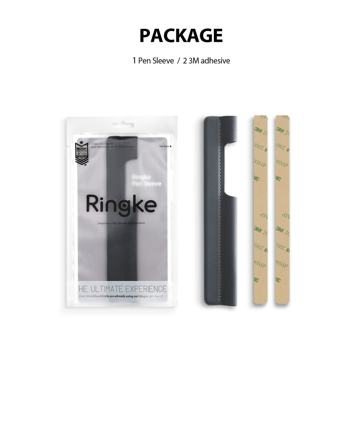 Pen Sleeve - A Ringke pen sleeve in its retail packaging next to the sleeve and two adhesive strips.
